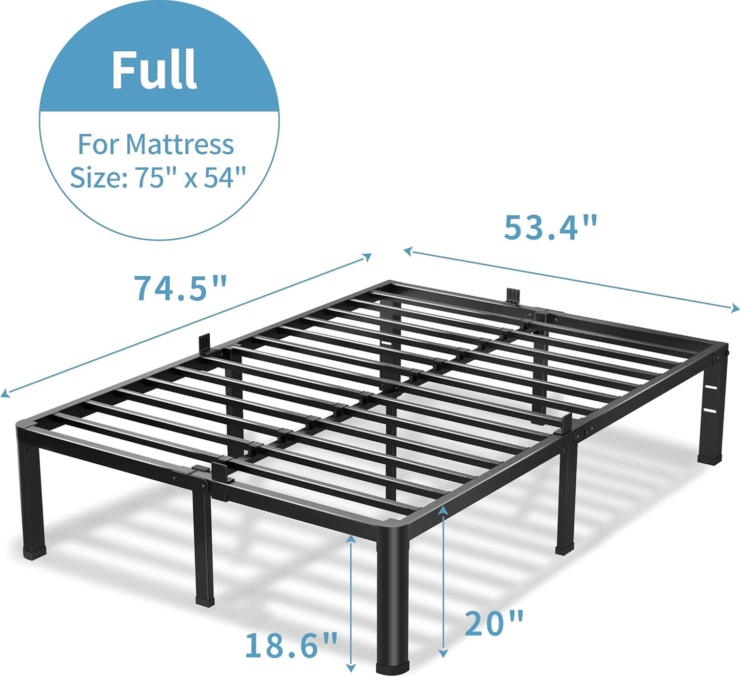20 Inch Full Size Bed Frame, 3500Lbs Heavy Duty Metal Platform with Round Corner Legs Mattress Slide Stopper, Steel Slat Support No Box Spring Needed, Noise Free, Non-Slip, Easy Assembly