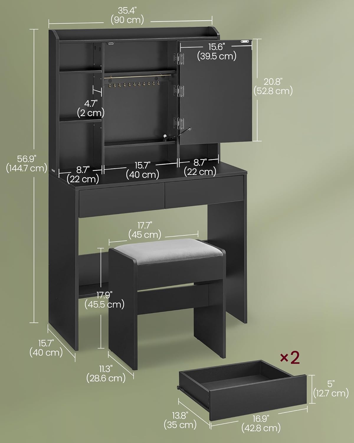 VASAGLE Vanity Desk with Mirror and Lights, Makeup Vanity with Upholstered Vanity Stool, Dimmable LED Lights, Adjustable Shelves, 7 Compartments, 2 Drawers, for Bedroom, Ink Black URDT131B01
