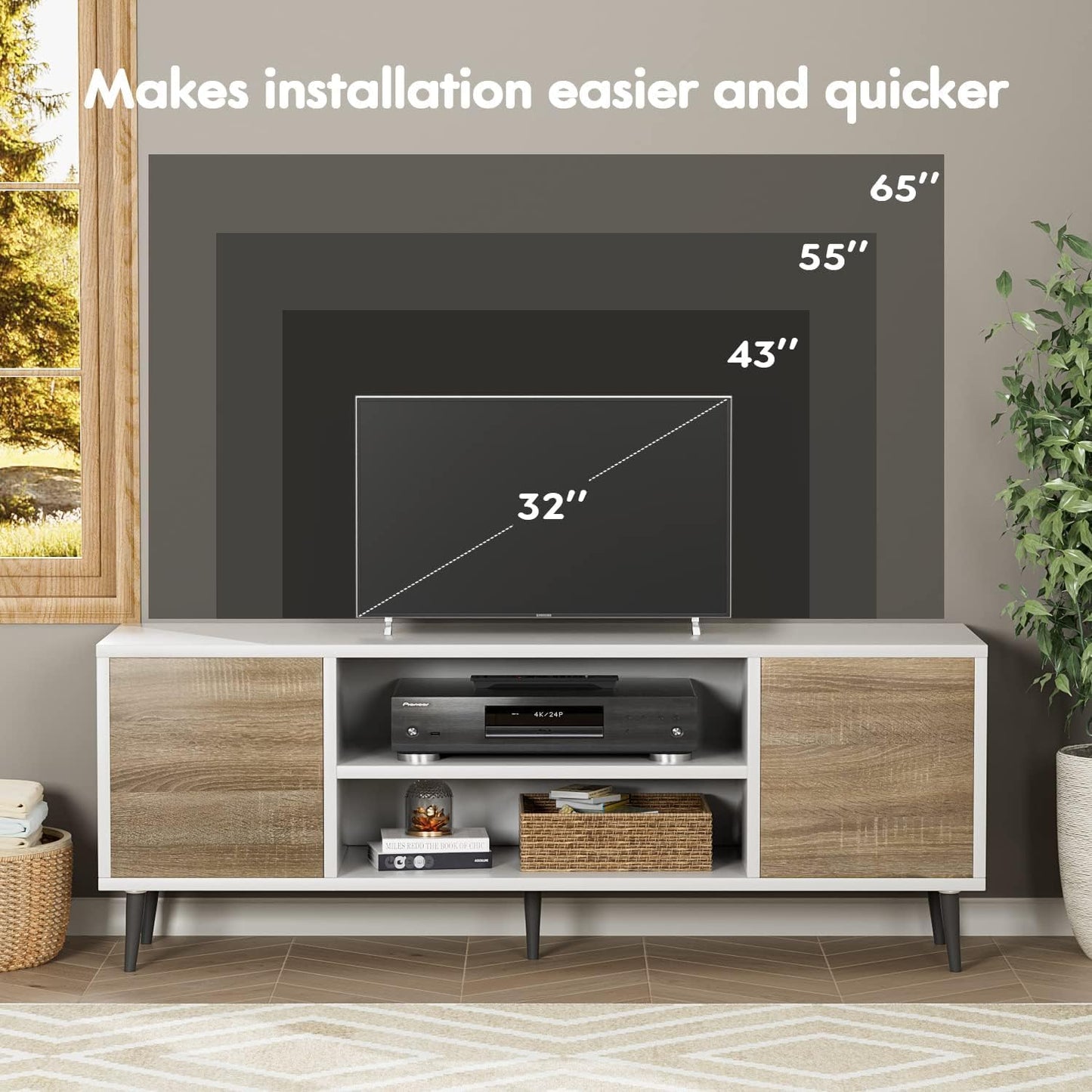 YESHOMY Modern TV Stand for 65" Television, Entertainment Center with Two Storage Cabinets, Retro Style Media Console for Living Room, Bedroom, Office, 58 Inch, Light Brown