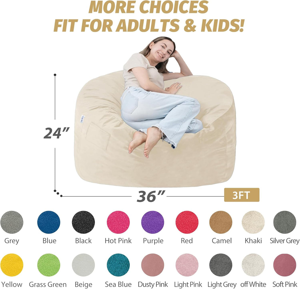 3FT Bean Bag Chair with Ultra Soft Velvet Cover Bean Bag Sofa with Memory Foam Bean Bag Chairs with Large Size Lazy Sofa for Dorm Office Living Room Bedroom Khaki 3'