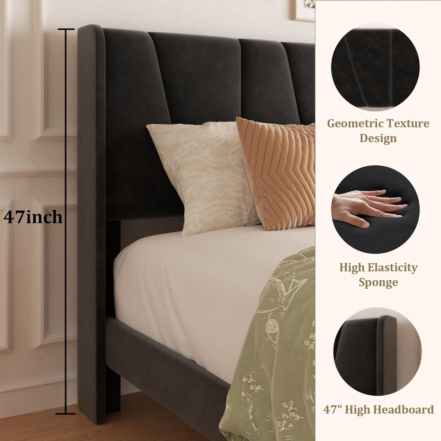 Queen Bed Frame with Storage Drawers, Upholstered Platform Bed with Headboard and Wingboard, No Box Spring Needed, Noise Free, Easy Assembly, Wooden Support Slats, Black