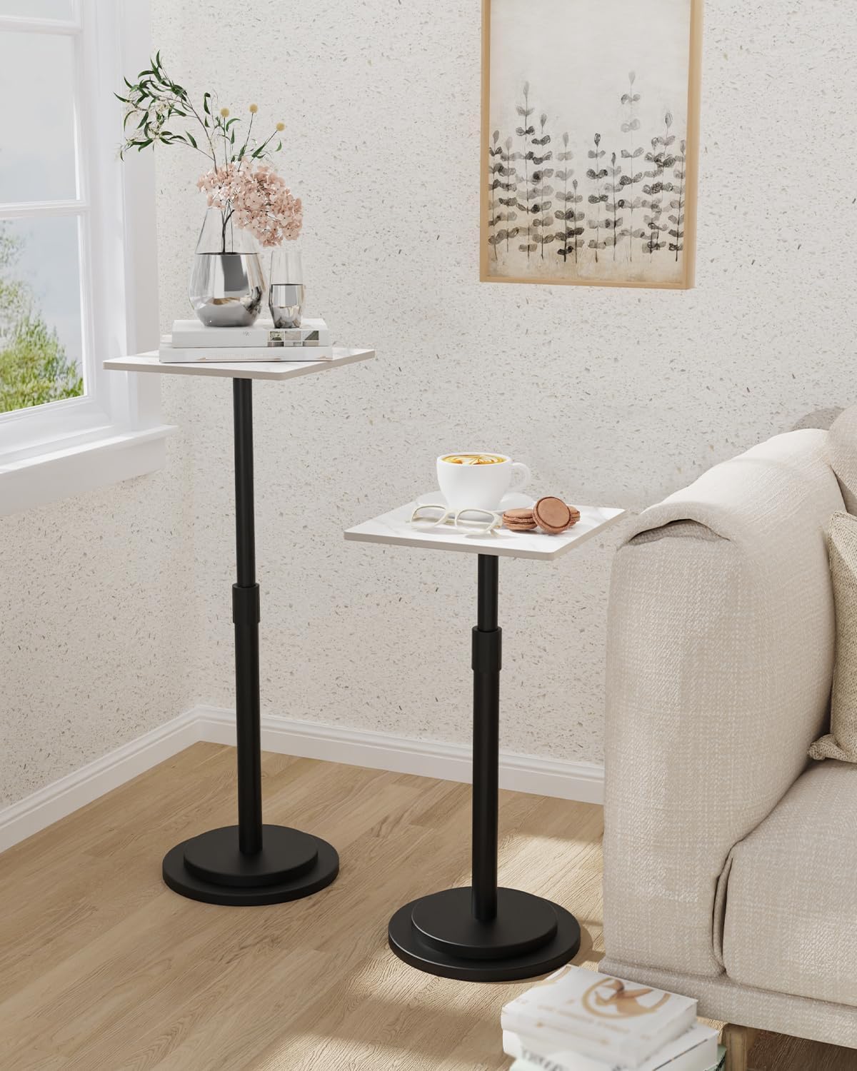 Versatile End Table with Metal Base, Height Adjustable, Vintage Square Indoor Metal Plant Stand, for Sofa, Bedside Small Couch, Living Room and Bedroom, 1 Pack, White, GBZ001SW-1