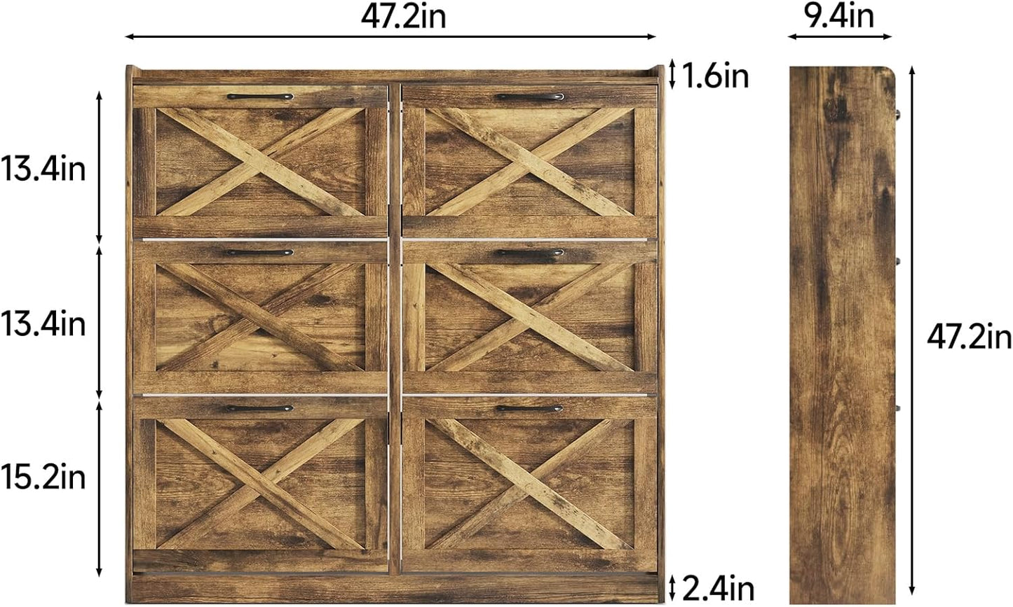 Maupvit Large Shoe Storage Cabinet with 6 Flip Drawers, Freestanding Shoe Organizer with Metal Handles for Entryway, Narrow Shoe Rack Cabinet, Rustic Brown