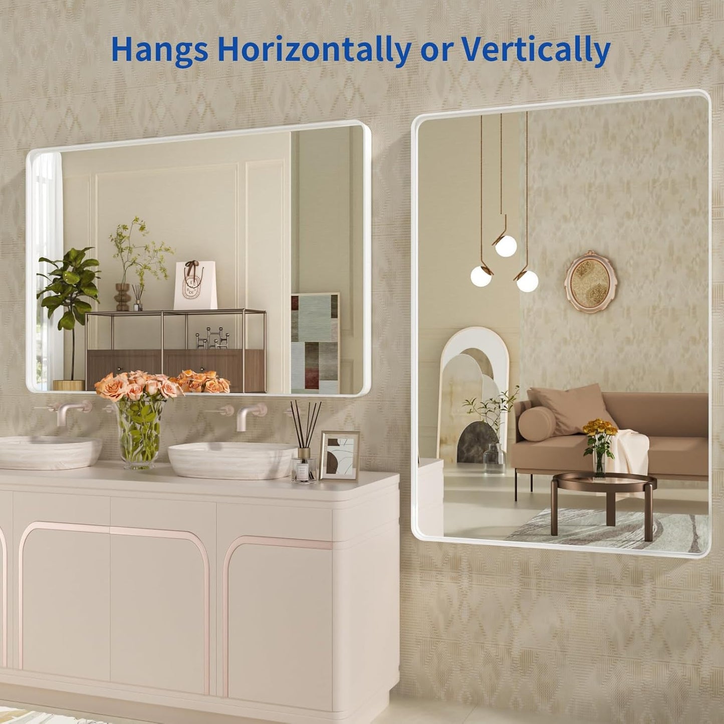 WEER White Bathroom Mirror 48X30 Inch, Rounded Rectangle White Metal Frame Mirror, Matte White Bathroom Vanity Mirror with Tempered Glass, Anti-Rust, Hangs Horizontally or Vertically