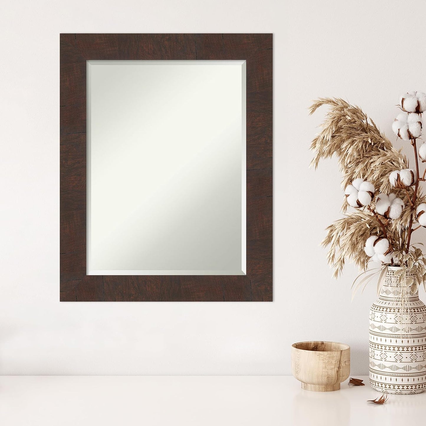 Amanti Art Brown Wall Mirror 29x23 Wildwood Brown Rectangle Bathroom Mirror for Wall Decor Living Room, Medium Rustic Farmhouse Frame, Hangs Horizonally and Vertically, Bathroom Decor, Beveled Edge