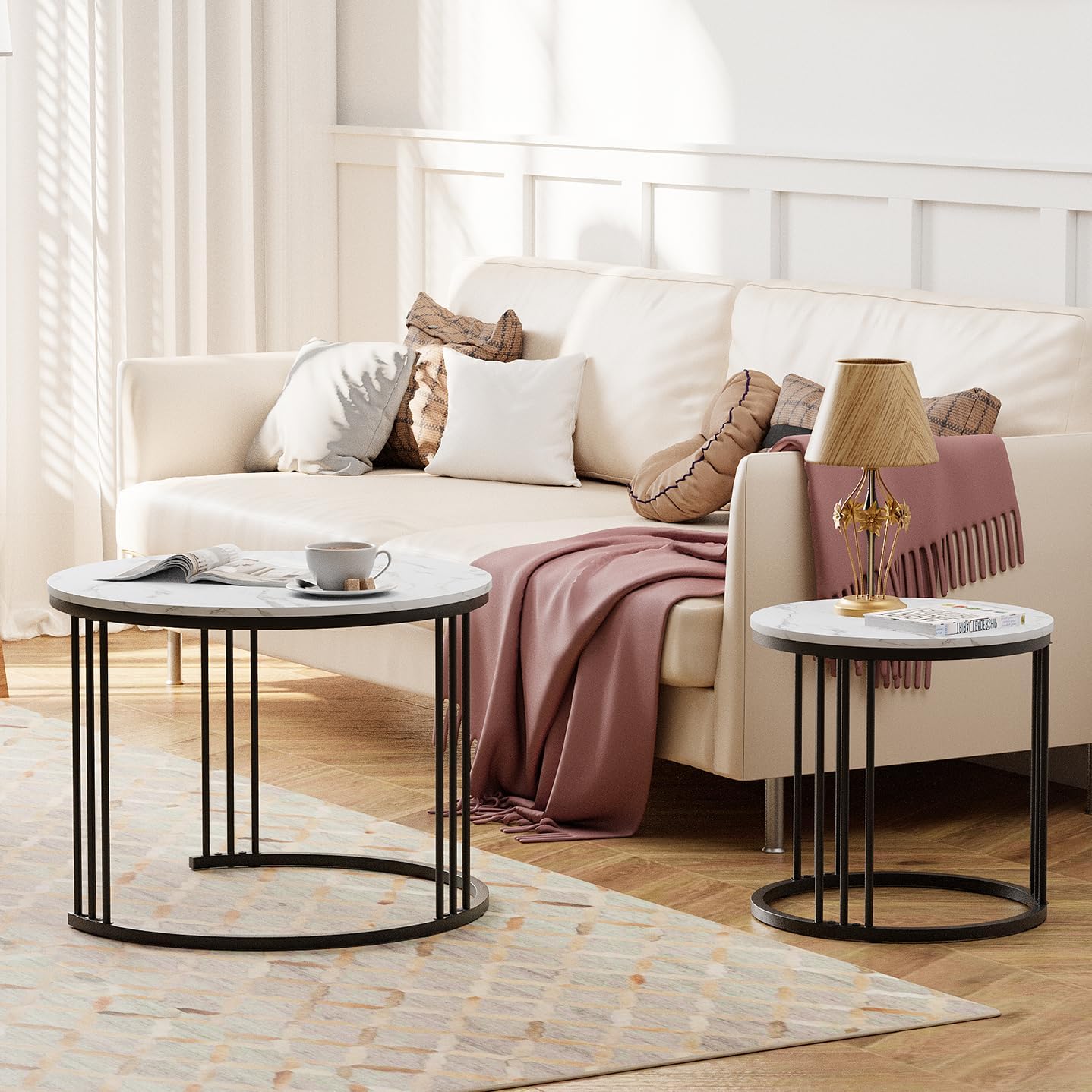 Garden 4 you Coffee Table Faux Marble Nesting Table for Small Place 2 Sets Modern Furniture Living Room Sets End Side Table Night Stand for Bed Room Dining Room (Black & White)