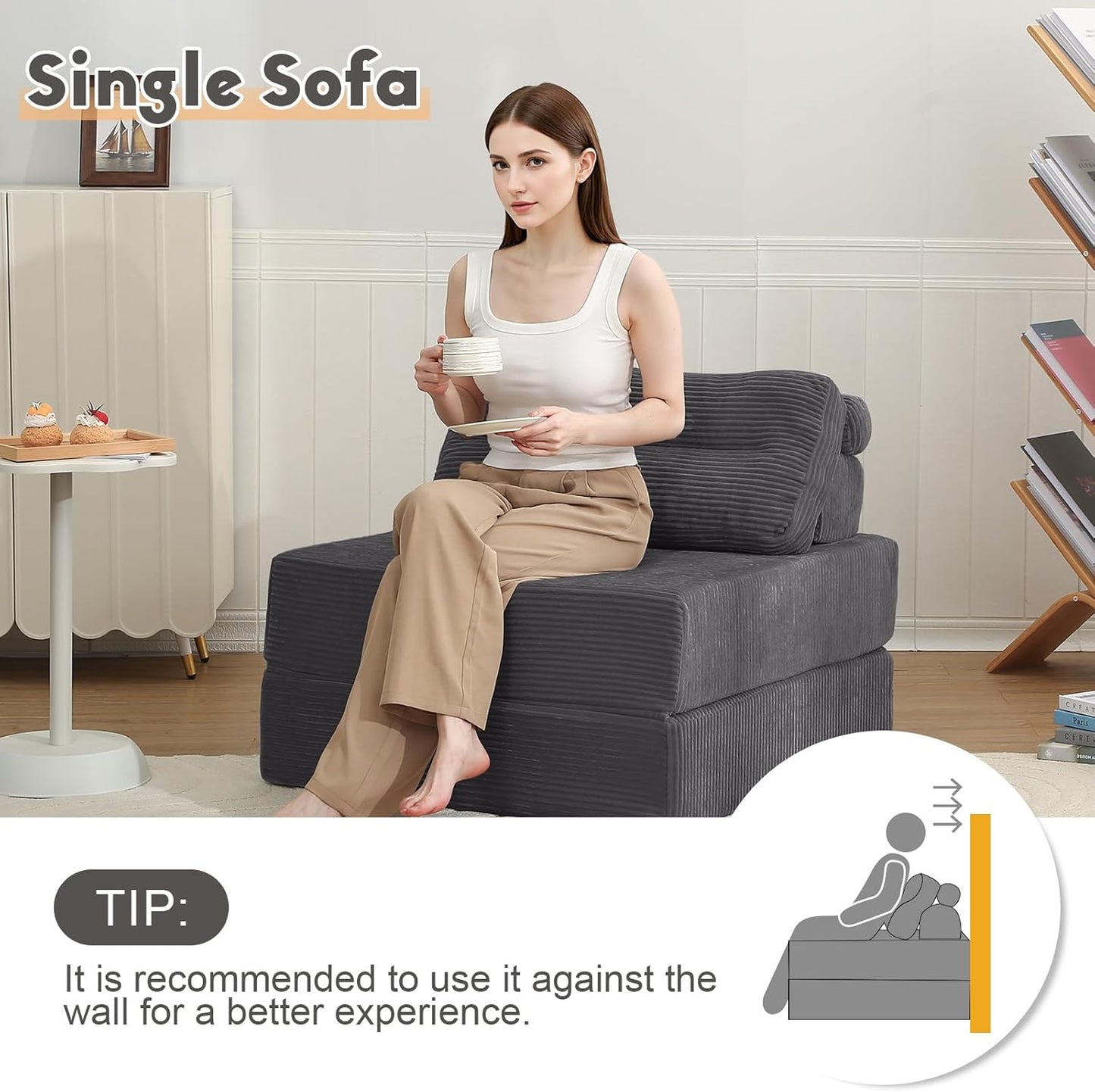 MeMoreCool Instant guest-ready comfort - Convertible sofa chair for small spaces & dorms, folds into a floor futon with pillow,removable machine-washable cover, no assembly,space-saving for overnights