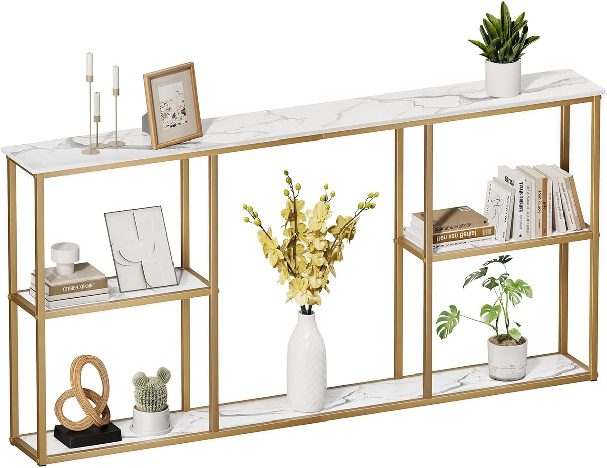WOHOMO Gold Console Table,3-Tier Small Entryway Table for Hallway, Narrow Sofa Table Behind Couch for Living Room,Entrance(63 inch)
