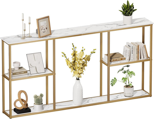 WOHOMO Gold Console Table,3-Tier Small Entryway Table for Hallway, Narrow Sofa Table Behind Couch for Living Room,Entrance(63 inch)