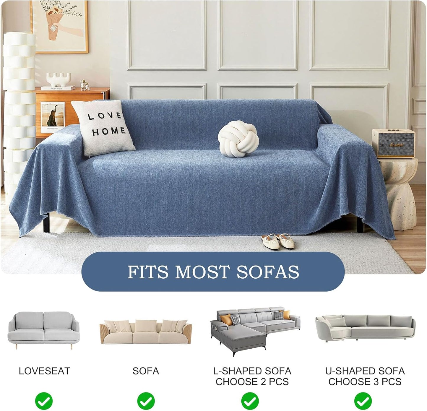 STACYPIK Durable Simple Blue Sofa Cover for Pets Kids Textured Herringbone Chenille Couch Covers for 3 Cushion Couch L Shape Couch Cover Versatile Protector Cover Multi-Use Blanket Washable-91X150IN