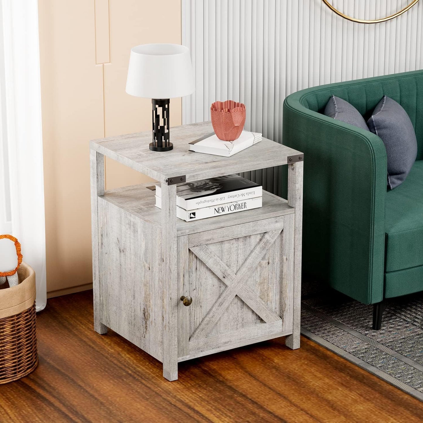 Farmhouse Nightstand Set of 2, Rustic End Table with Storage, Bedroom Night Stand, Industrial Bedside Table with USB Ports and Outlets, 17.7 x 17.7 x 23.6 inches, Grey