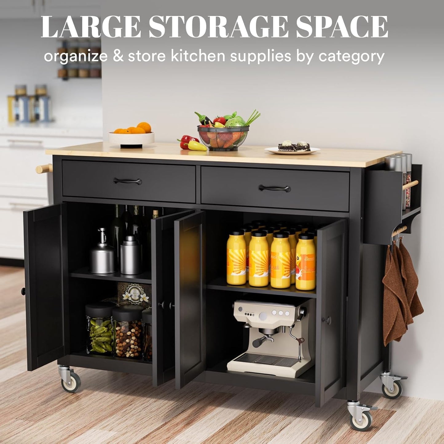 Rovibek Large Wood Island Table with Storage, 54 in Width, Portable Moveable Kitchen Island on Wheels, Black with Drawers Cabinet Spice Rack Towel Rack