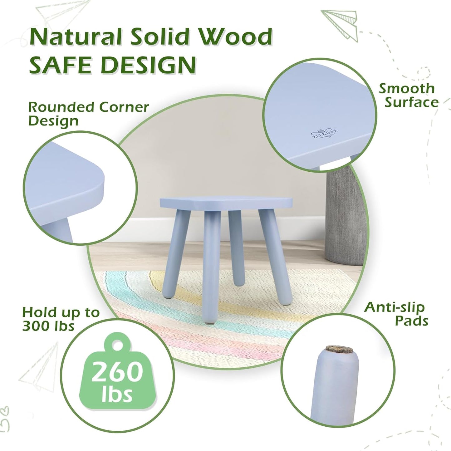 BEE&OAK Wooden Step Stools for Adults, Solid Rubber Wood Non-Slip Step Foot Stool, Heavy Duty 300 lbs One Step Stool for Bedroom, Bathroom, Kitchen (Blue, 9.25" (D) x 9.25"(W) x 8.86"(H))