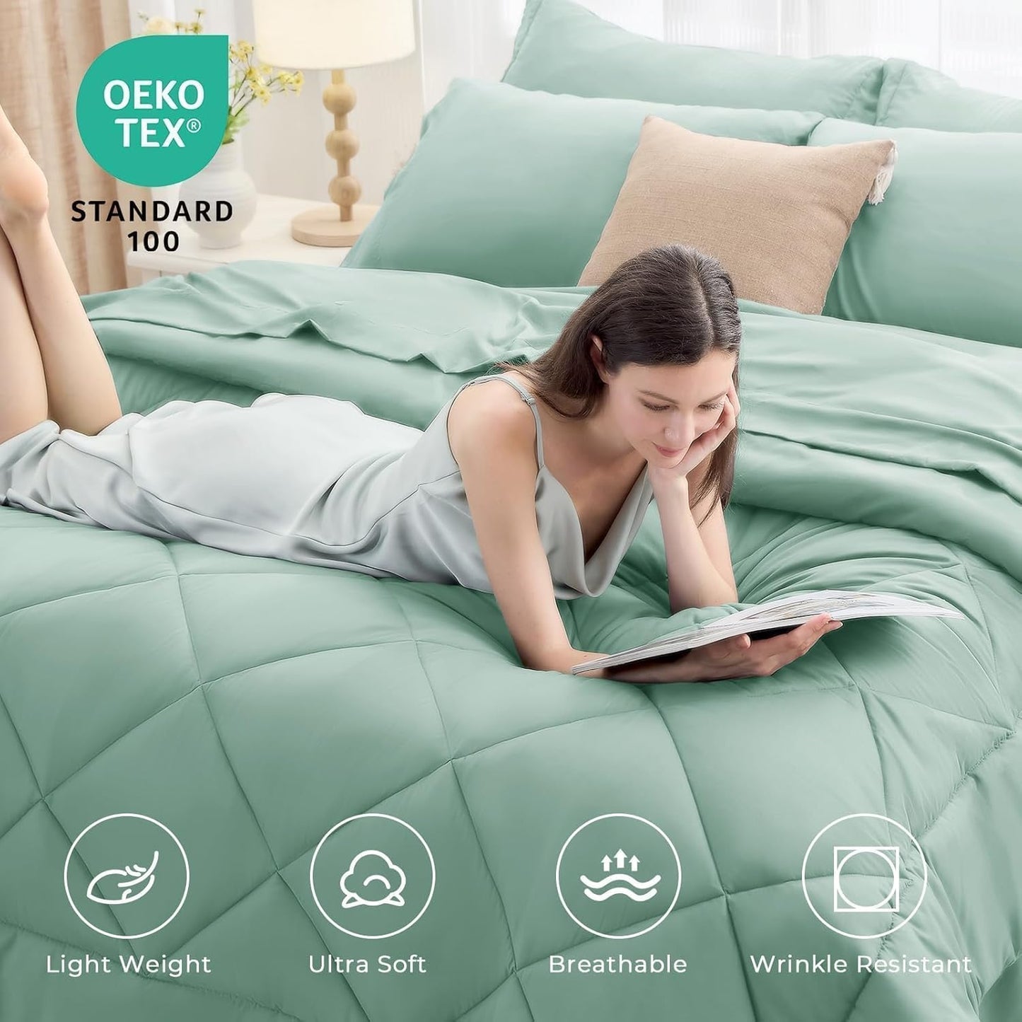 HEVUMYI Sage Green Twin-XL Comforter Set - 5-Piece All Season Bed in a Bag Twin-XL, Ultra Soft Bedding Set with Comforter, Flat Sheet, Fitted Sheet, Pillowcases, Pillow Shams, Sage Green