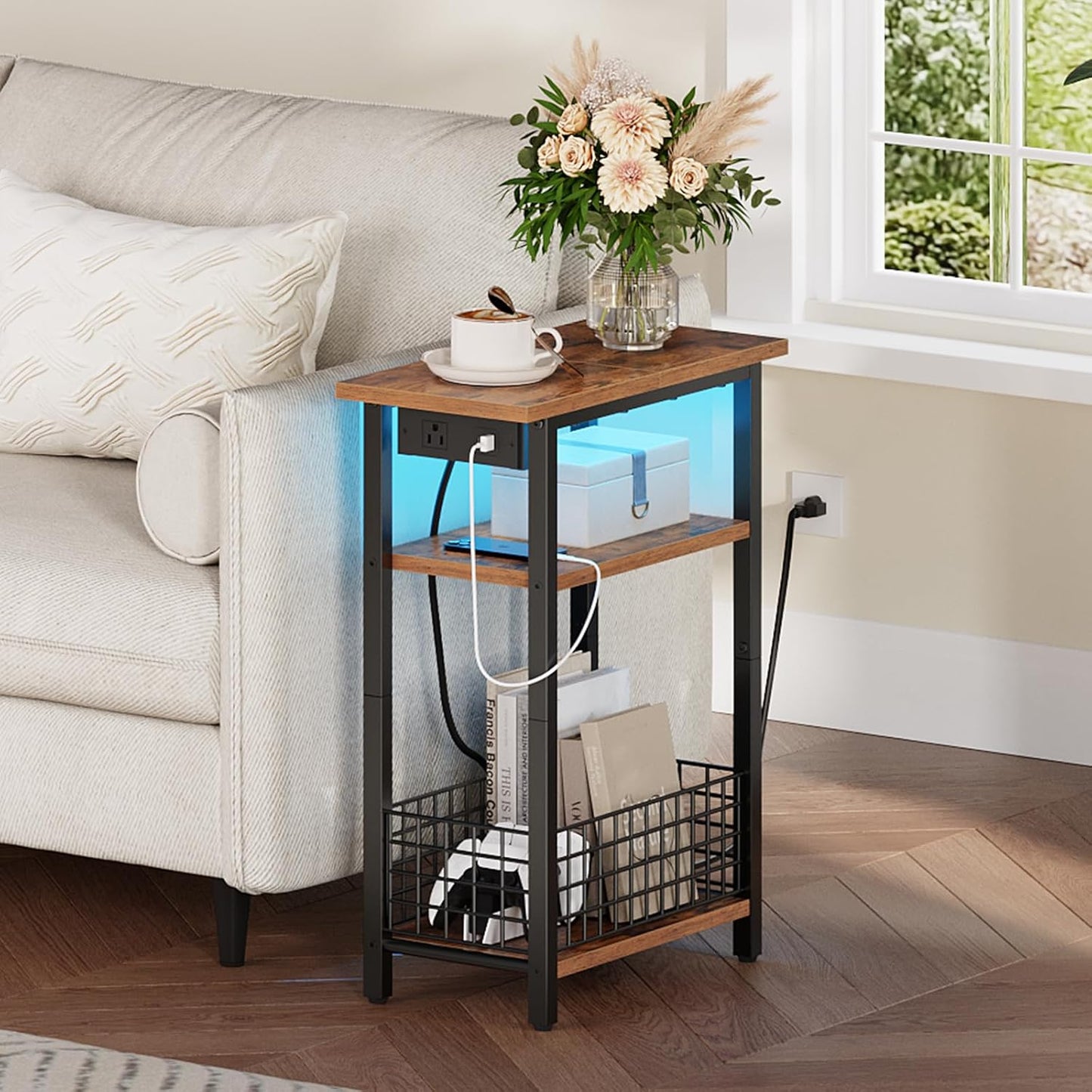 HOOBRO Narrow Side Table with Charging Station and LED Light, Set of 2, Small End Table with Storage, Skinny Nightstand Slim Bedside Table for Small Spaces, Living Room, Rustic Brown BF242UDBZP201