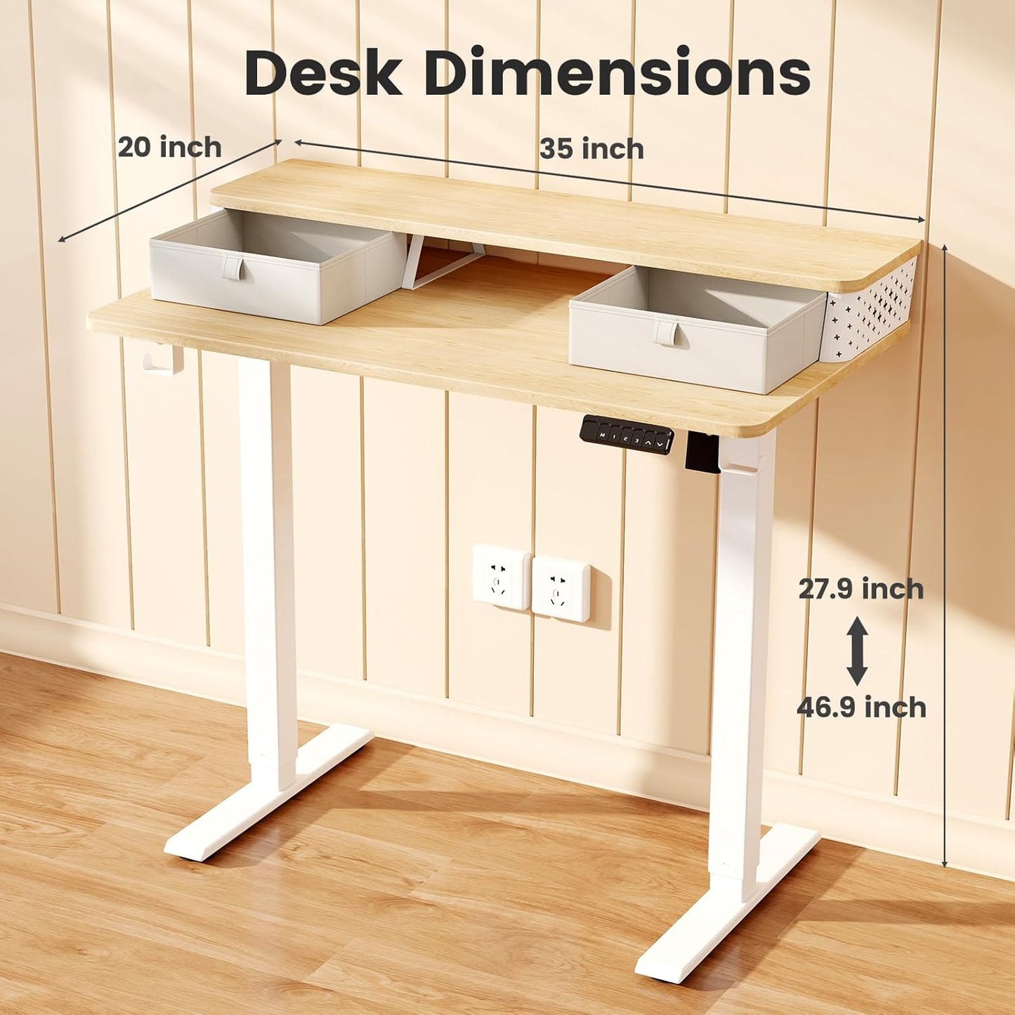 Small Standing Desk with Drawers and Brushless Motor,Electric Sit Stand Desk for Walking Pad,Ergonomic Stand Up Desk for Home Office & Gaming,3 Memory Height Preset & Hooks(35" x 20", Oak)