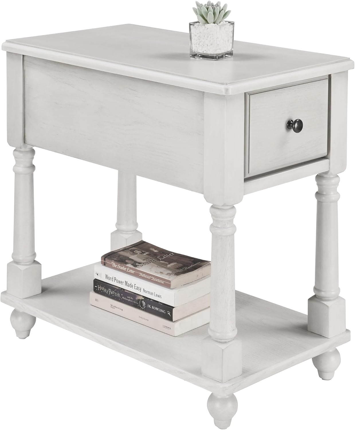 LEEMTORIG Solid Wood End Table Narrow Side Table with Drawer, Cherry Wood End Table Living Room, 13" W Slim Bedside Table Small Nightstand, 22" D x 22.7" H, No-Tools Assembly, Gray White BBJ-004-RW