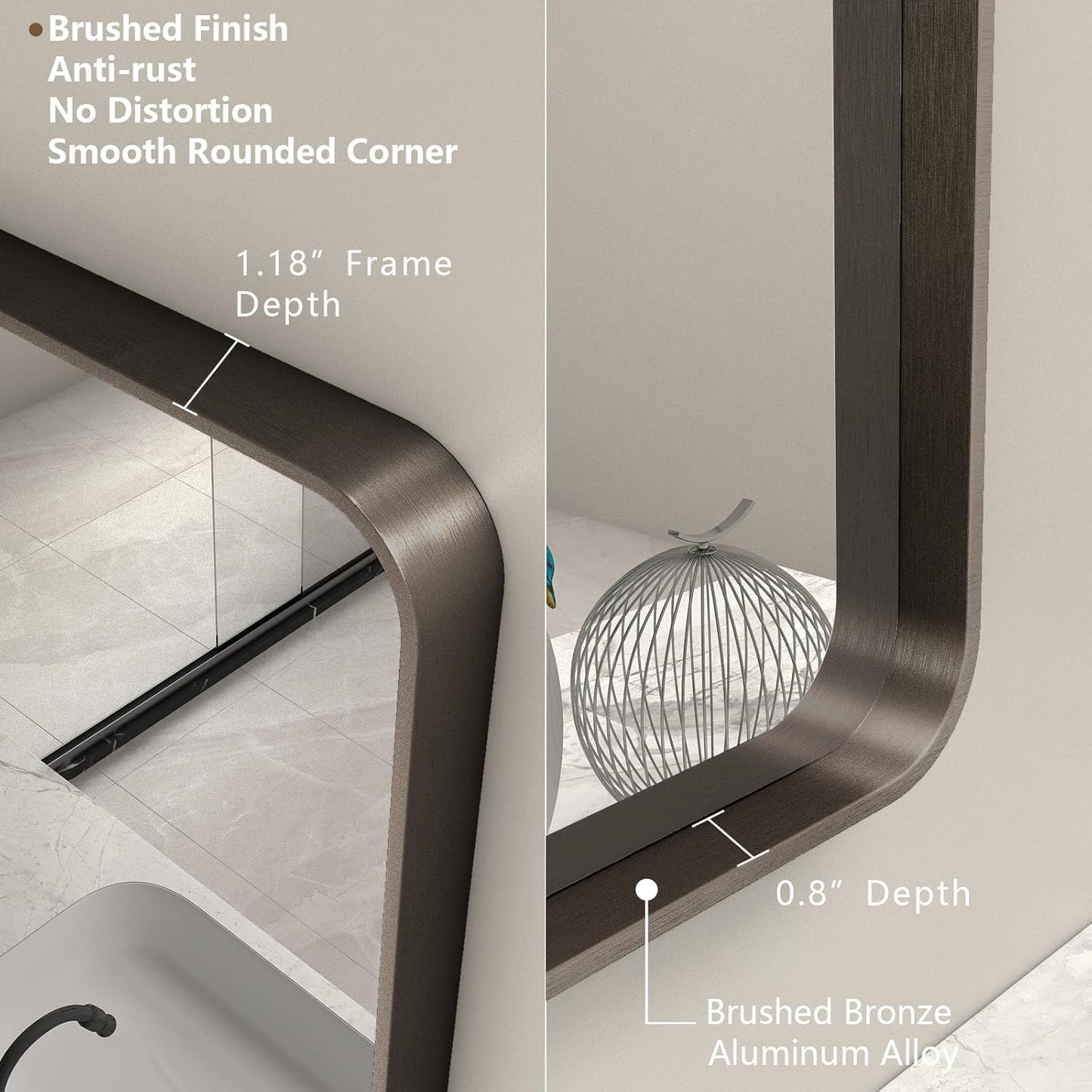 60x36 Bronze Bathroom Vanity Mirror for Wall, Large Bronze Frame Mirror with Brushed Metal Frame, Rounded Rectangle Mirror, Shatterproof, Anti-Rust (Horizontal/Vertical)