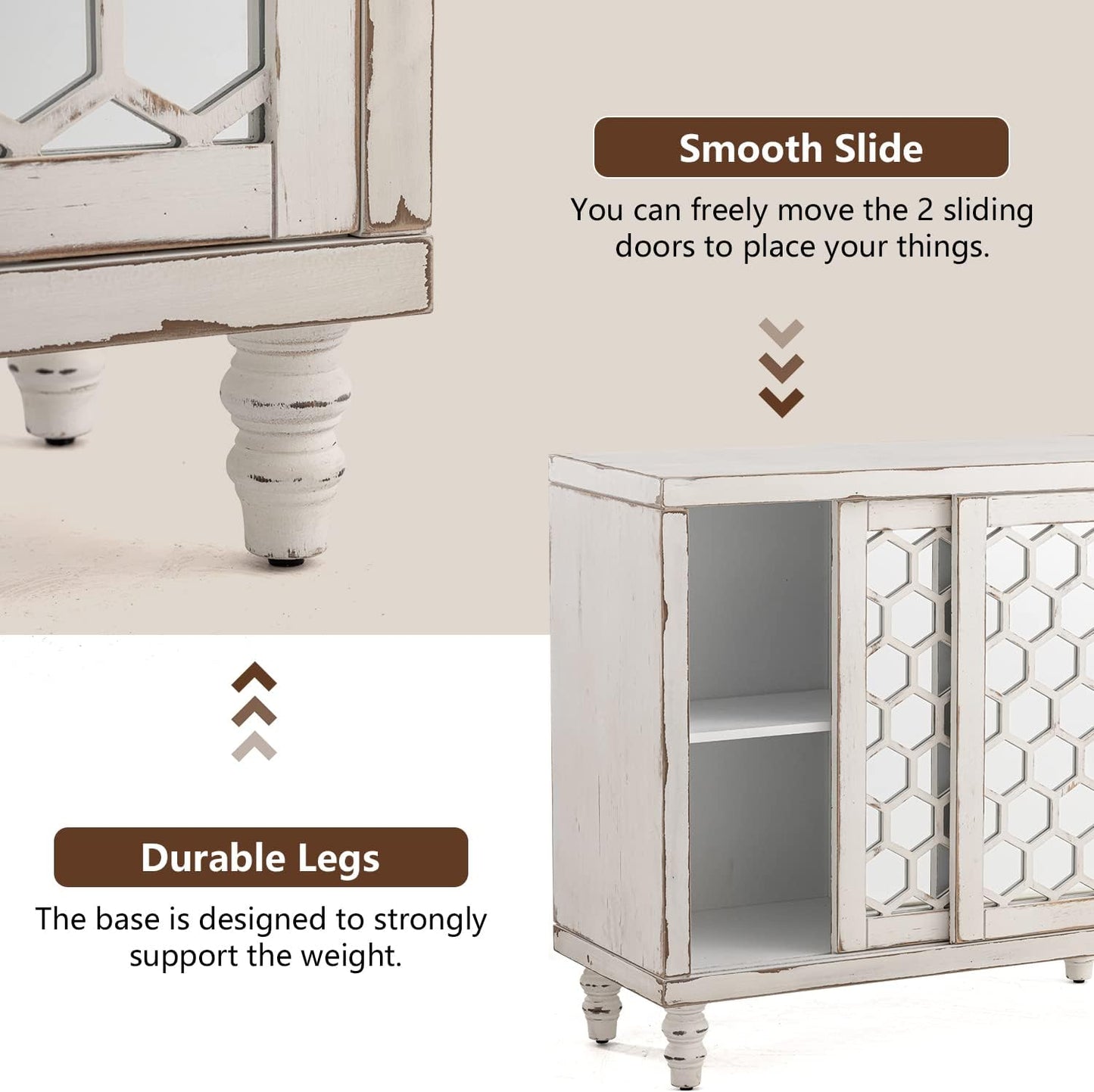 COSIEST 31.5" W Sideboard Buffet Cabinet with Mirrored Doors and Adjustable Shelf, Kitchen Storage Cabinet with Sliding Doors for Dining Room, Hallway, Living Room (White, Honeycomb Pattern)