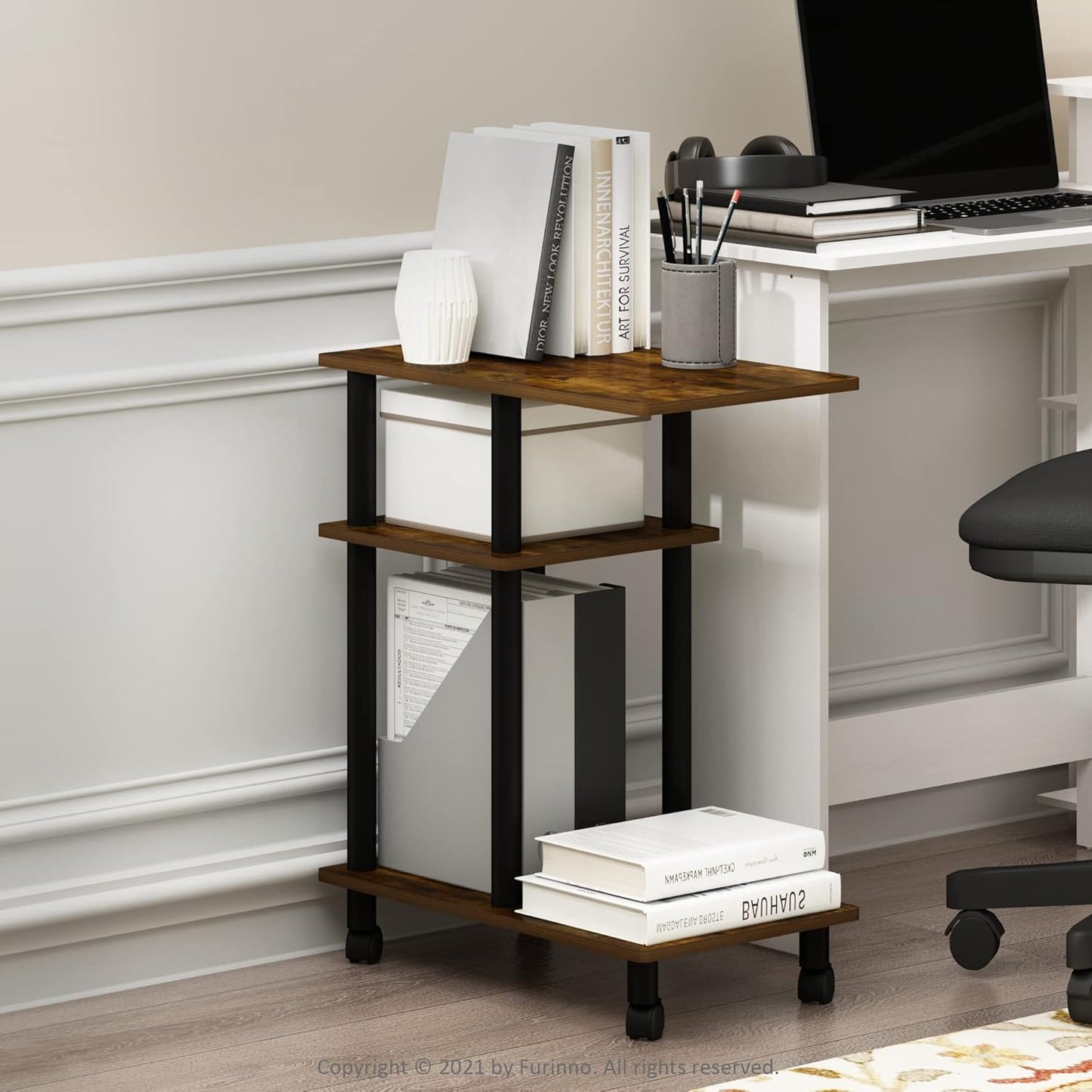 Furinno Turn-N-Tube C Shaped Side Table with Casters, Amber Pine/Black