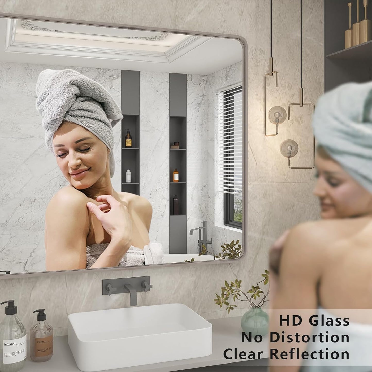 28x36 Silver Bathroom Mirror for Wall, Brushed Metal Framed Bathroom Vanity Mirror, Rounded Corner Rectangle Silver Mirror, Shatterproof, Anti-Rust (Horizontal/Vertical)