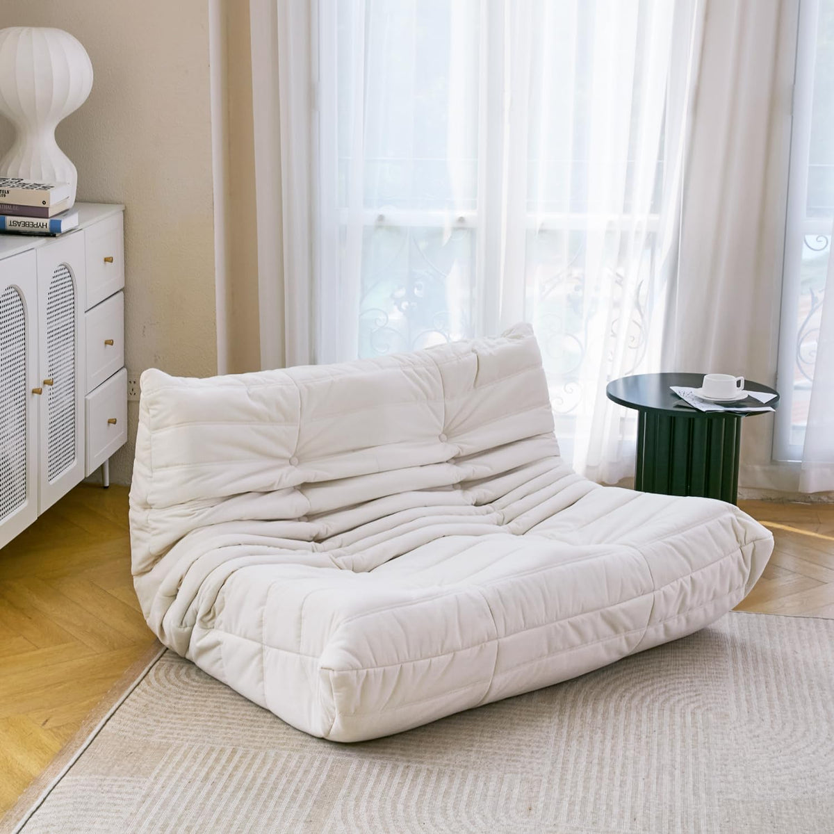N&V Fireside Chair, Mid Century Armless Floor Sofa, Soft Premium Microfiber Floor Lounge Chair, Foam Sofa Accent Chair for Living Room Bedroom and Office, (Loveseat, Ivory)