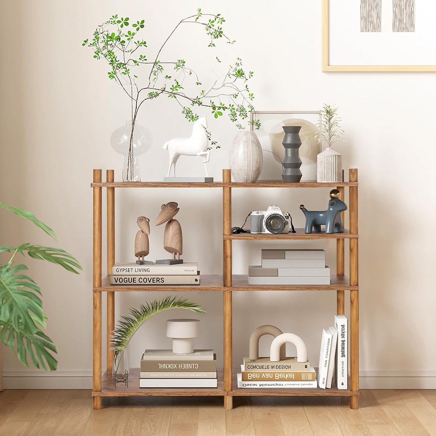 YGYQZ Wooden 3 Tier Storage Shelf, 5 Cube Short Small Book Shelf Simple and Natural Style Display Cubby Vertical Organizer Wood Open Storage Organizer for Small Space