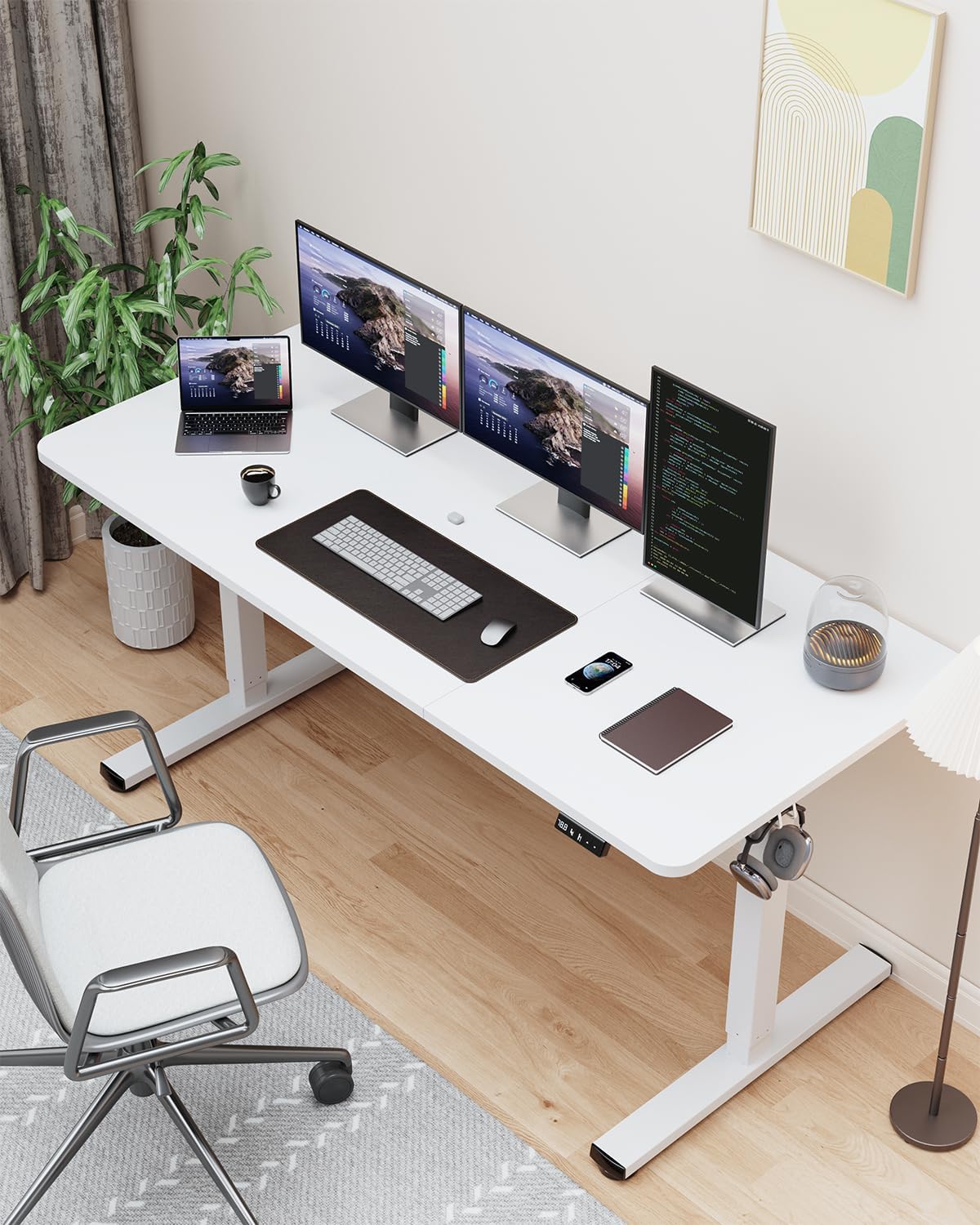 Standing Desk, Large Height Adjustable Electric Stand up Desk, 55 x 24 Inches Sit Stand Home Office Desk, with Splice Board, White Frame/White Top