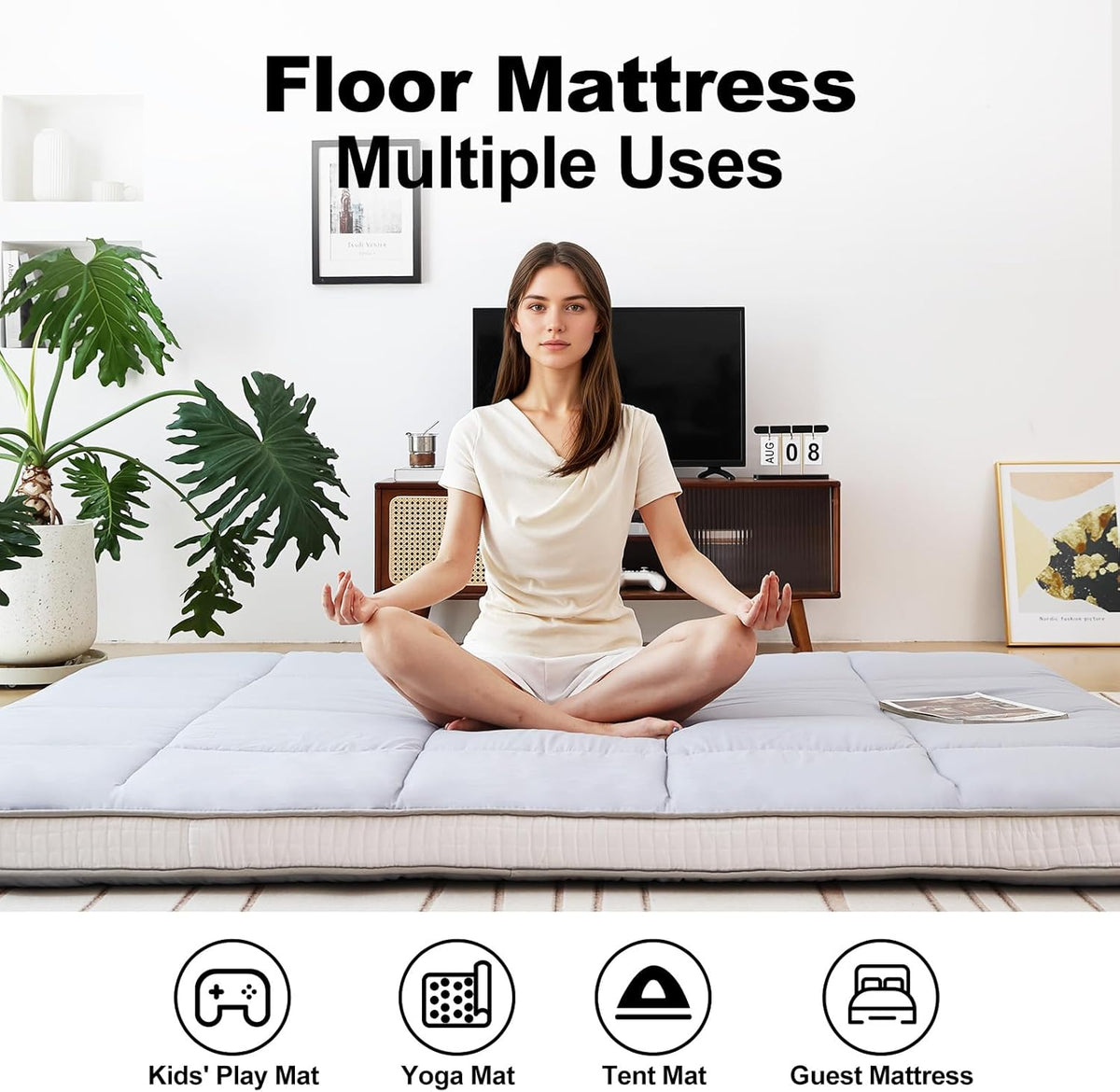 Tiita Memory Foam Mattress Topper Twin Size, 4" Thicken Futon Mattress with Storage Bag and 2 Straps, Portable Roll Up Travel Car Camping Mattress Floor Sleeping Pad, Grey