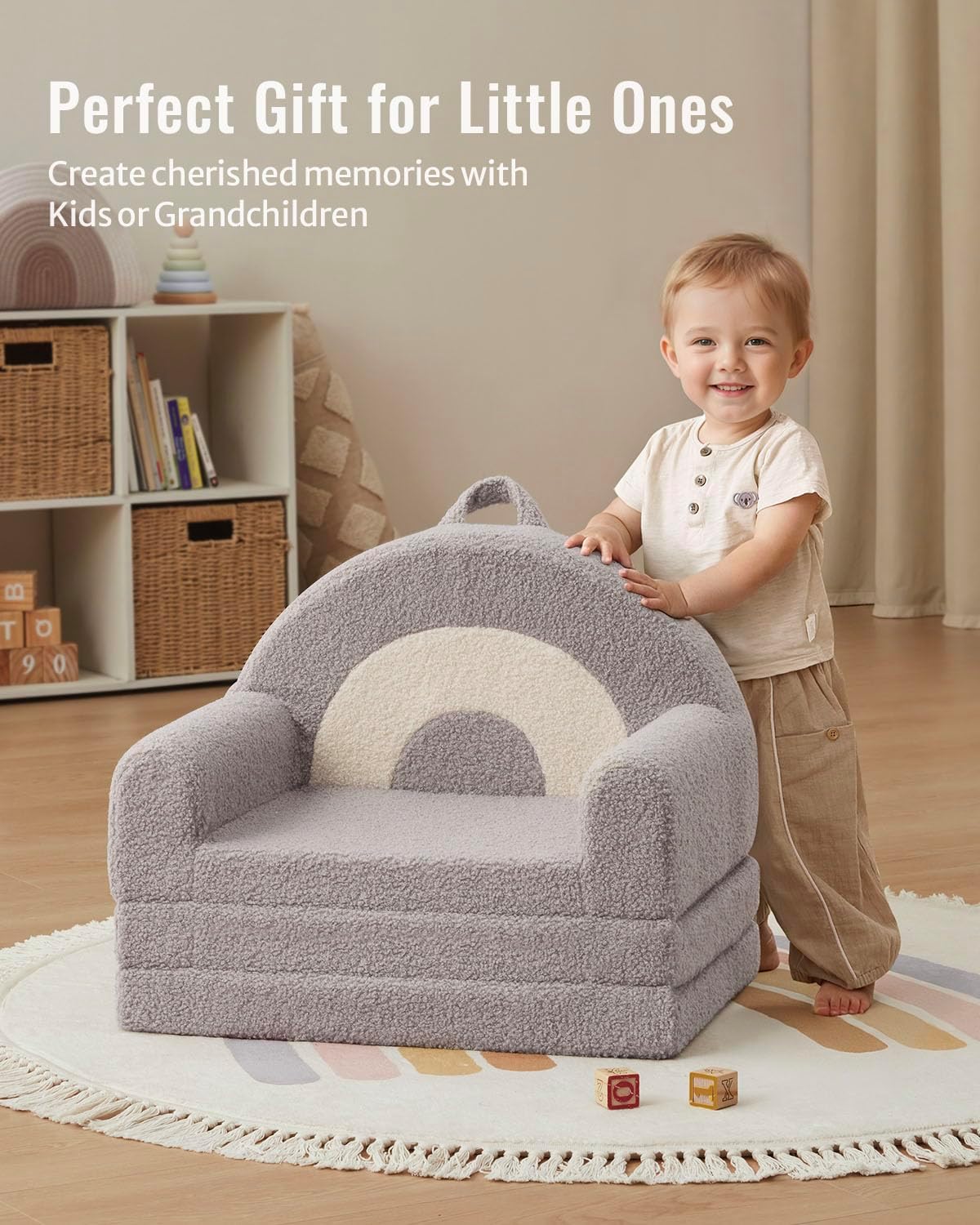 Blissful Diary Foldable Toddler Couch, 2-in-1 Comfy Toddler Chair & Lounger for Reading, Nap, Playroom, Kids Couch Sofa for 1 2 3+ Year Old Girls Boys Birthday Gift, Light Gray Arclet