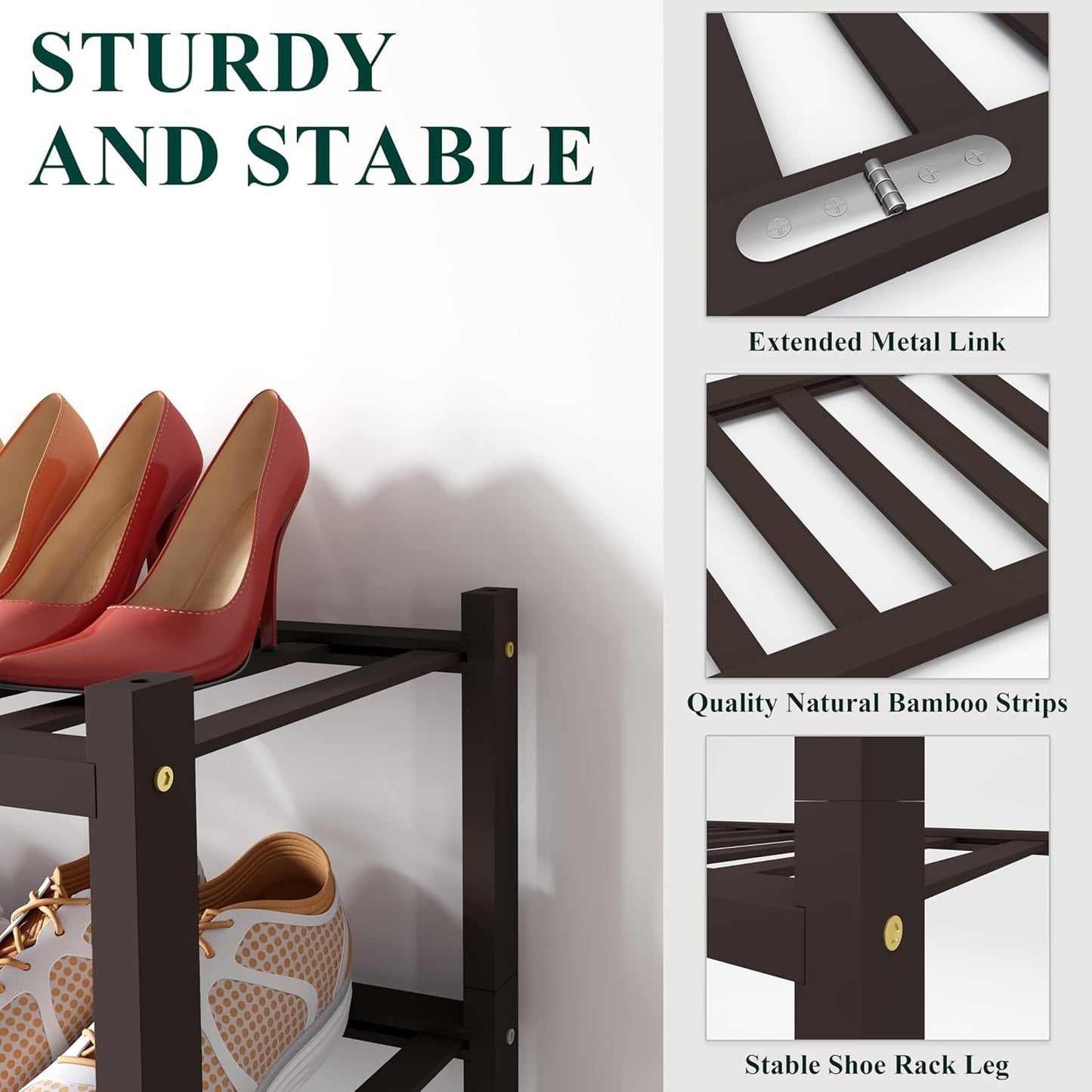 Smiry Shoe Rack, 4 Tier Bamboo Shoe Organizer, Stackable Free Standing Wooden Shoe Storage Shelf for Closet, Entryway, Front Door Entrance, Brown