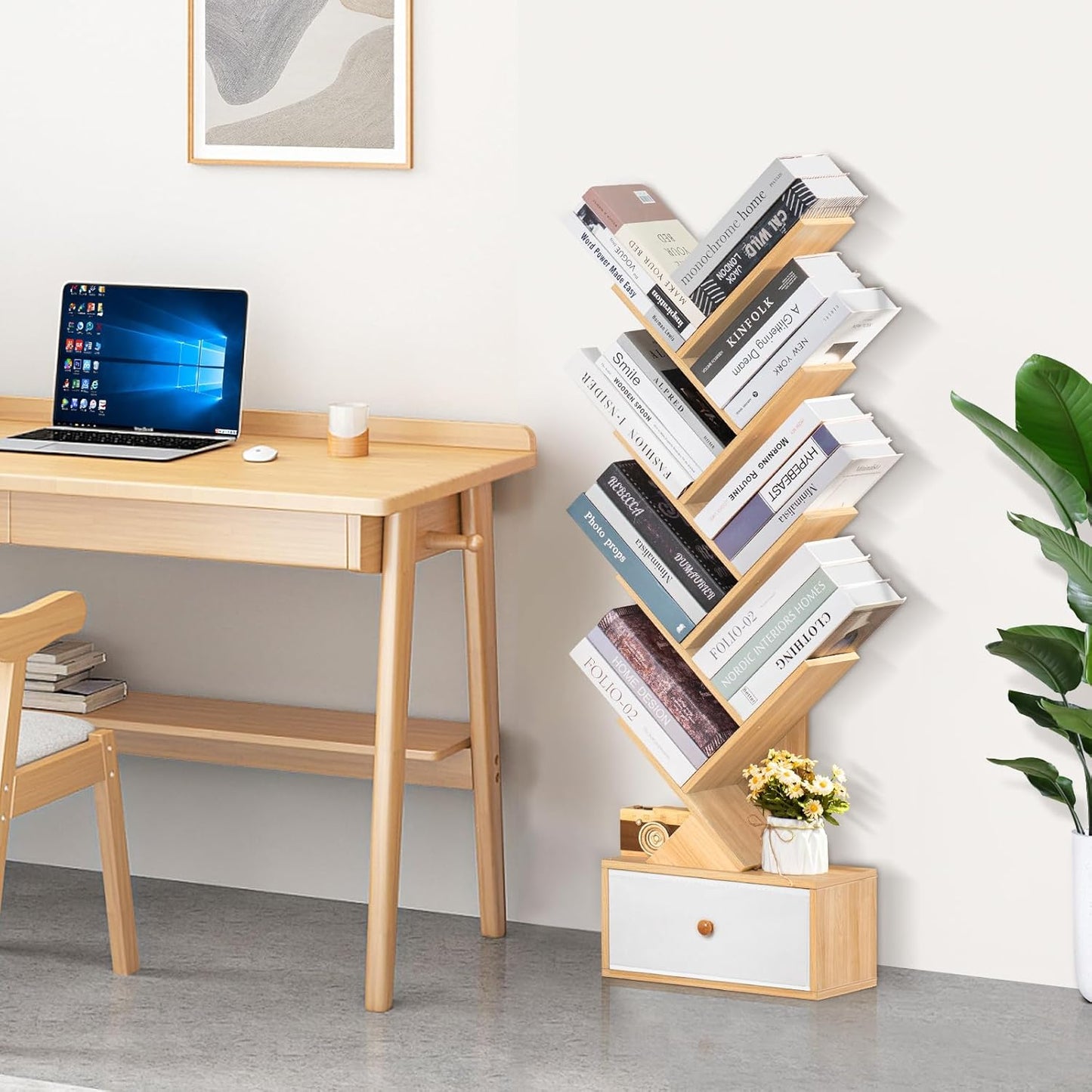 8 Tier Tree Bookshelf with Drawer, Free Standing Wood Bookcase for Narrow Space, Storage Organizer Bookshelves for Books, Book Case for Home Office, Living Room, Bedroom - Natural