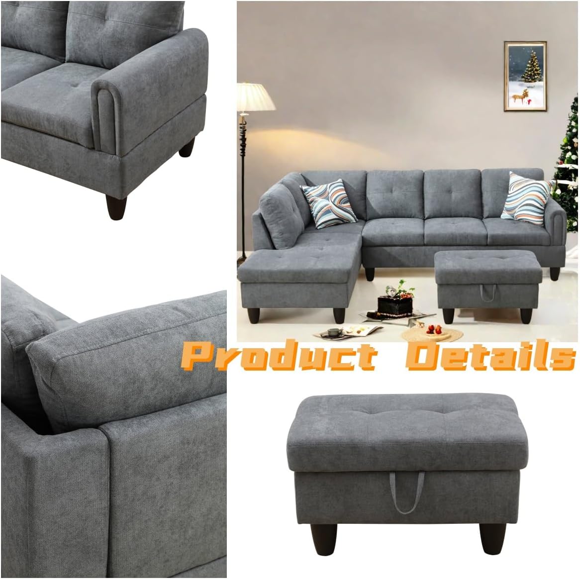 L Shaped Sectional Couch with Otttoman, 97" Sectional Sofa for Living Room Flannel Modular Couches with Cup Holders for Bedroom, Apartments, Grey