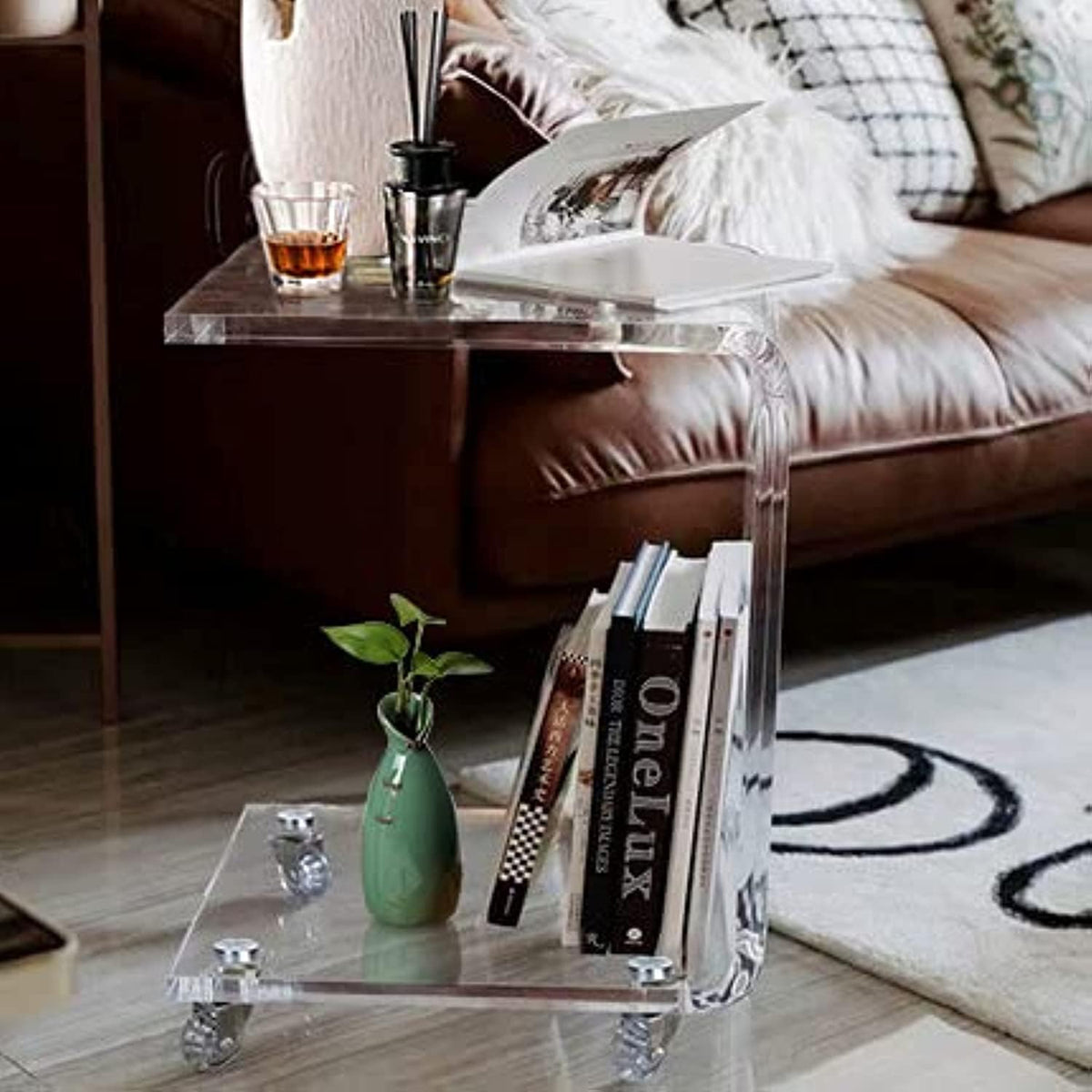 ONELUX Mobile C Shaped End Table,Acrylic Sofa Side Table, Snack Table On Wheels,Clear Rolling Table