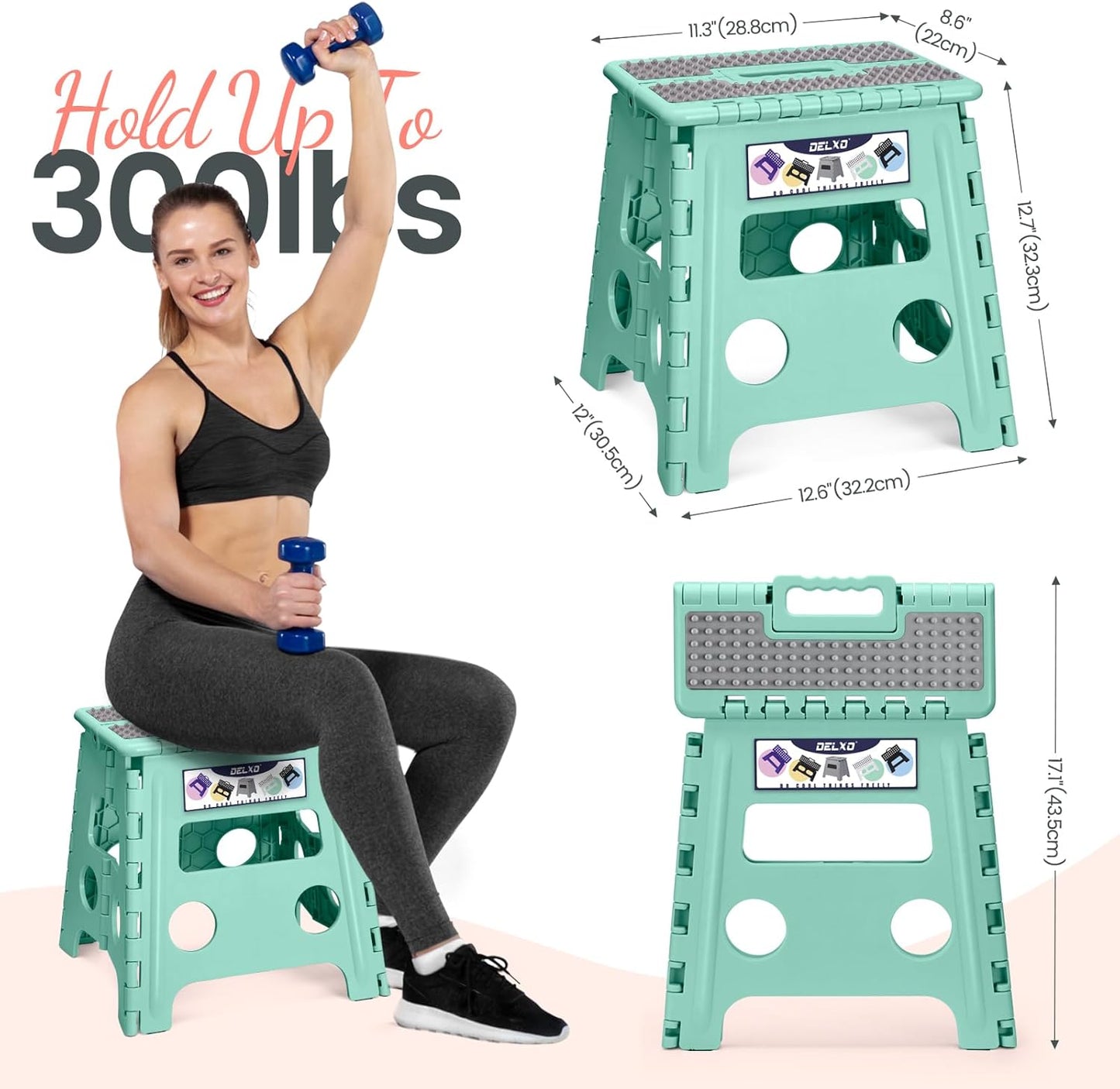 Delxo Folding Step Stool 13 Inch Non-Slip Foldable Stools Up to 300 LBS Kitchen Collapsible Fold Up Stepping Stool with Dotted 1 Pack Green