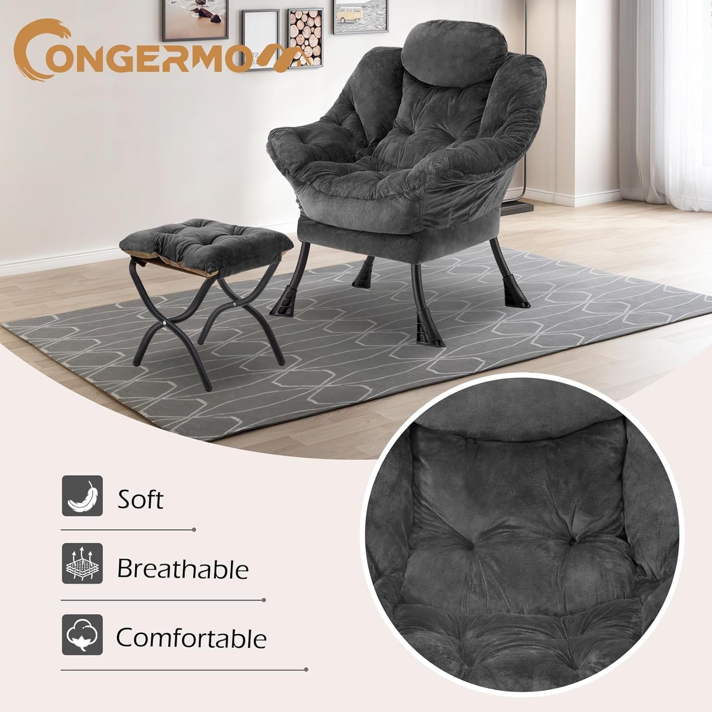 Lazy Chair with Folding Ottoman,Leisure Sofa Chair,Soft Fabric Armchair with Armrests and Side Pockets, Reading Chair with Footrest for Living Room, Bedroom, Office (Plush Dark Grey)