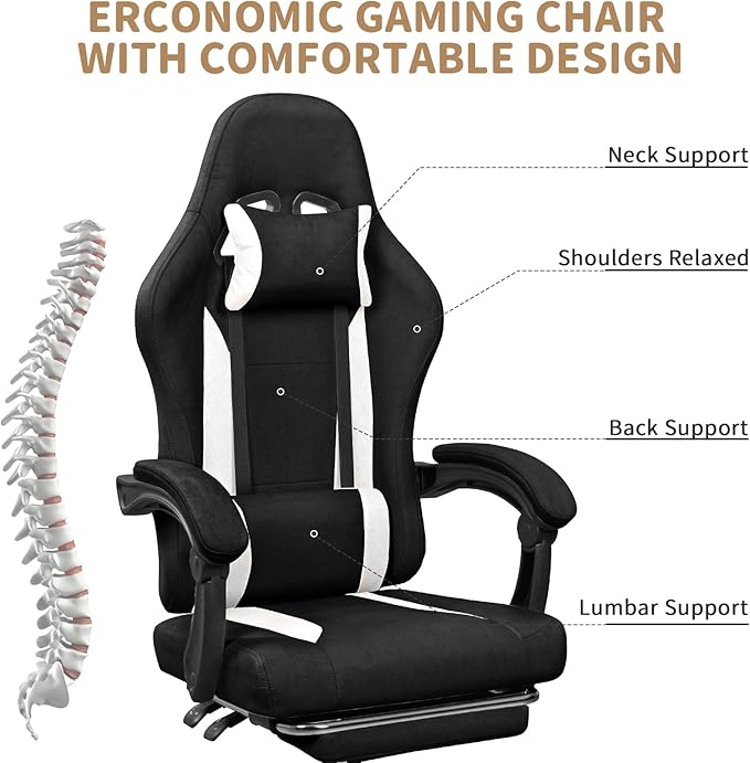 Breathable Fabric Gaming Chair with Footrest, Height Adjustable Game Chair, Video Gaming Chair for Gaming Room, Living Room and Office - Black/White