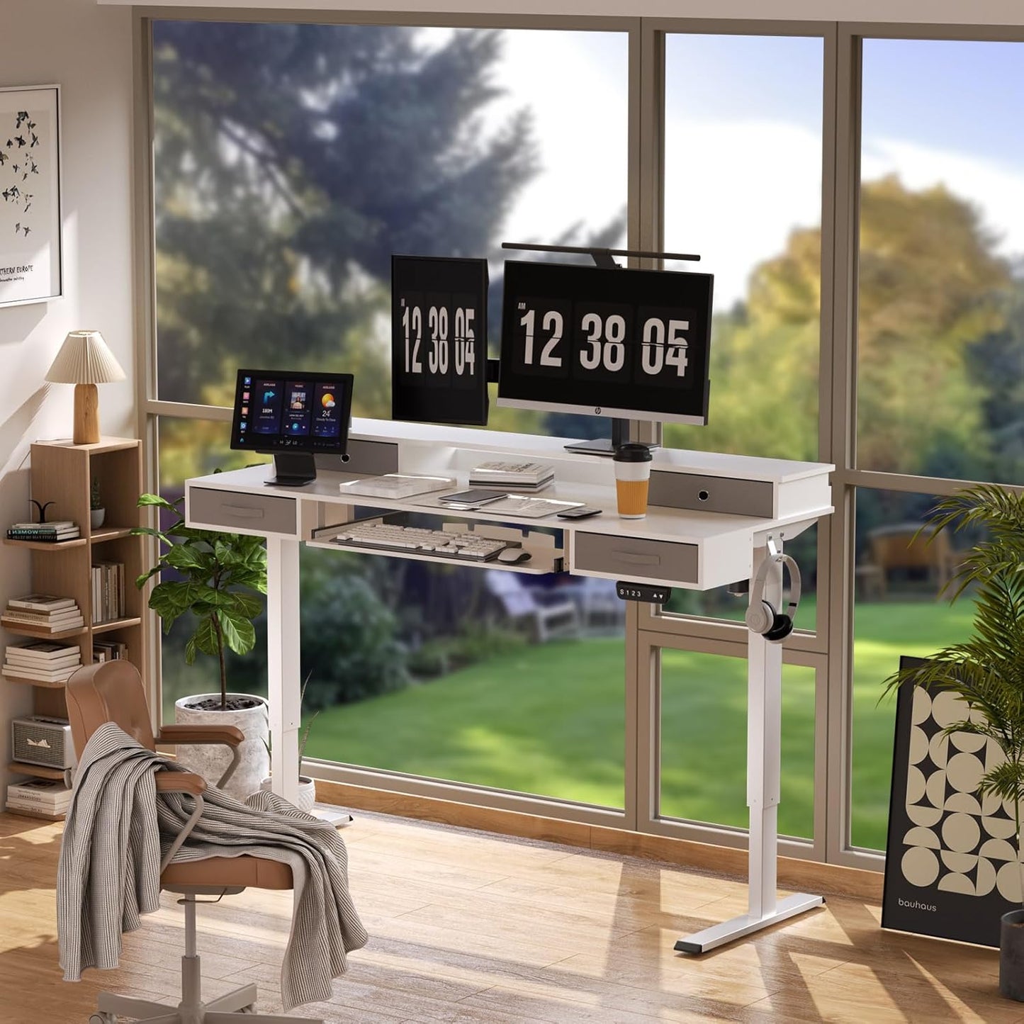 Electric Standing Desk, 55" Standing Desk Adjustable Height, Multifunctional Standing Table with 4 Drawers, Ergonomic Adjustable Standing Desk with Keyboard Tray, Snow White