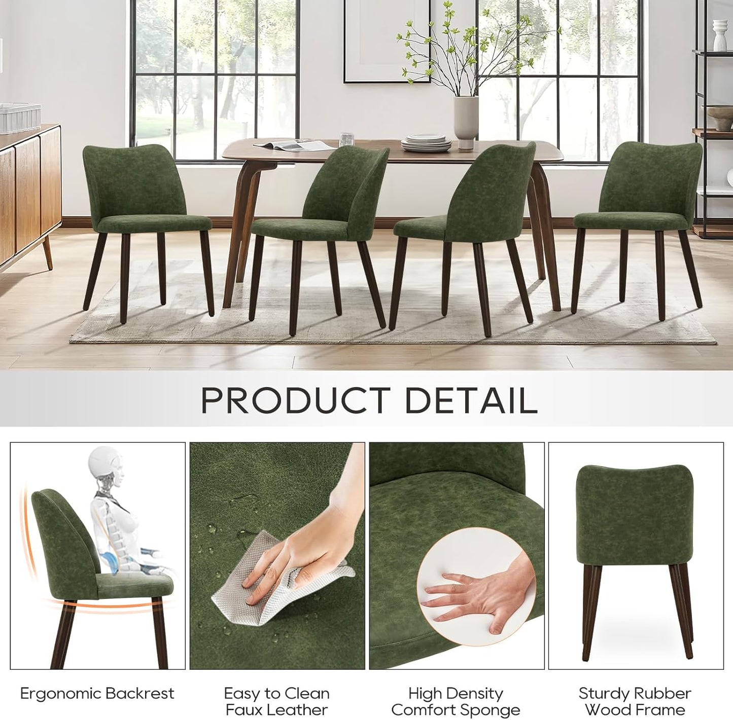 COLAMY Upholstered Dining Chairs Set of 2, Modern PU Leather Dining Room Kitchen Side Chair with Padded Seat and Wood Legs Restaurant/Cafe, Green
