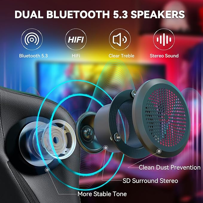 HOFFREE Gaming Chair with Speakers Massage Computer Gaming Chair with Pocket Spring Cushion for Adults Reclining Gamer Chair with Bluetooth Video Game Chairs with Footrest Green and Black