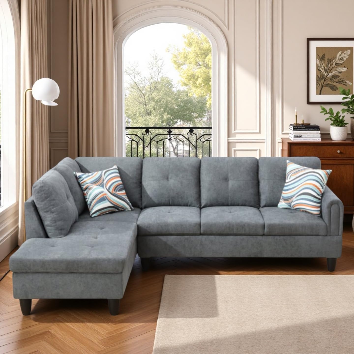 L Shaped Couch Sectional Couches with Chaise, Fluffy Fabric 3 Pieces Modular Convertible Sofa for Living Room Furniture Sets and Small Apartment, Dark Gre