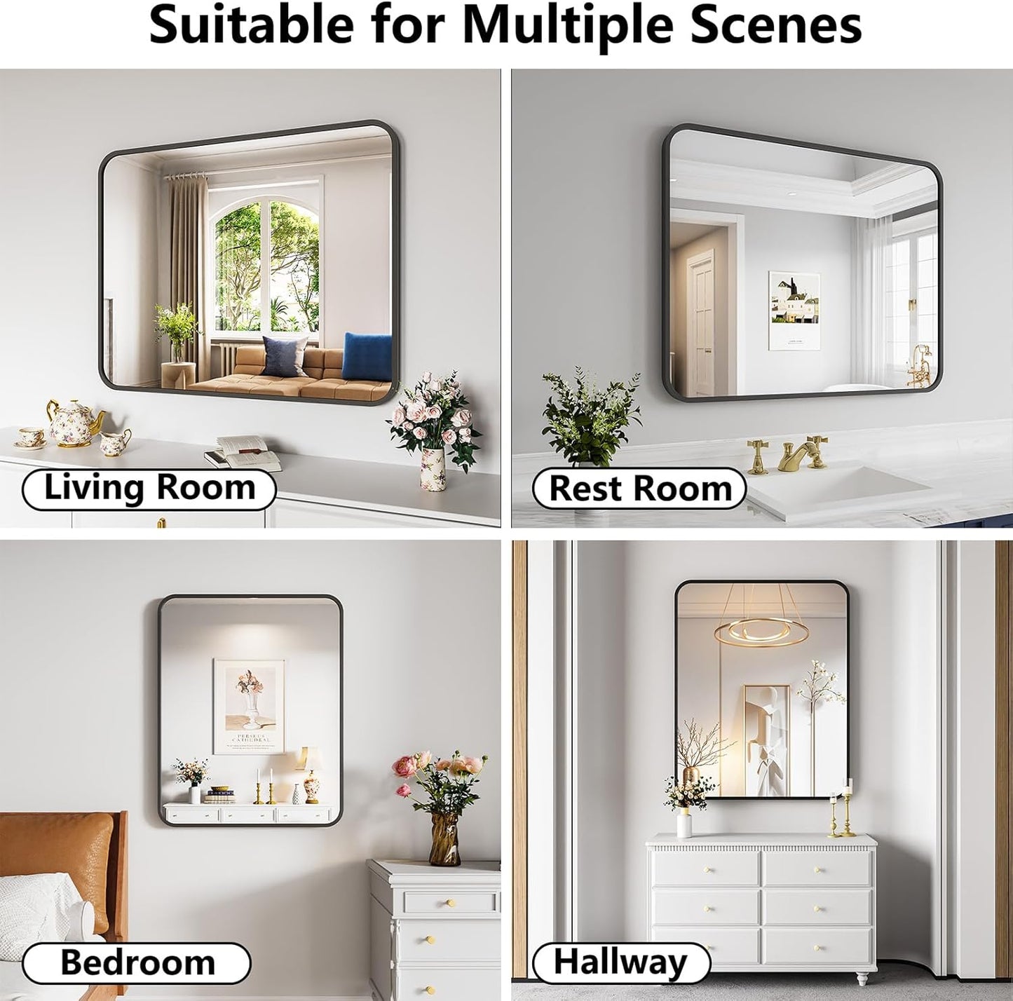 Koonmi Bathroom Mirror, 32X40 Inch Black Metal Framed Mirror for Bathroom, Tempered Glass, Anti-Rust, Rounded Rectangle Mirror for Restroom, Bedroom, Black