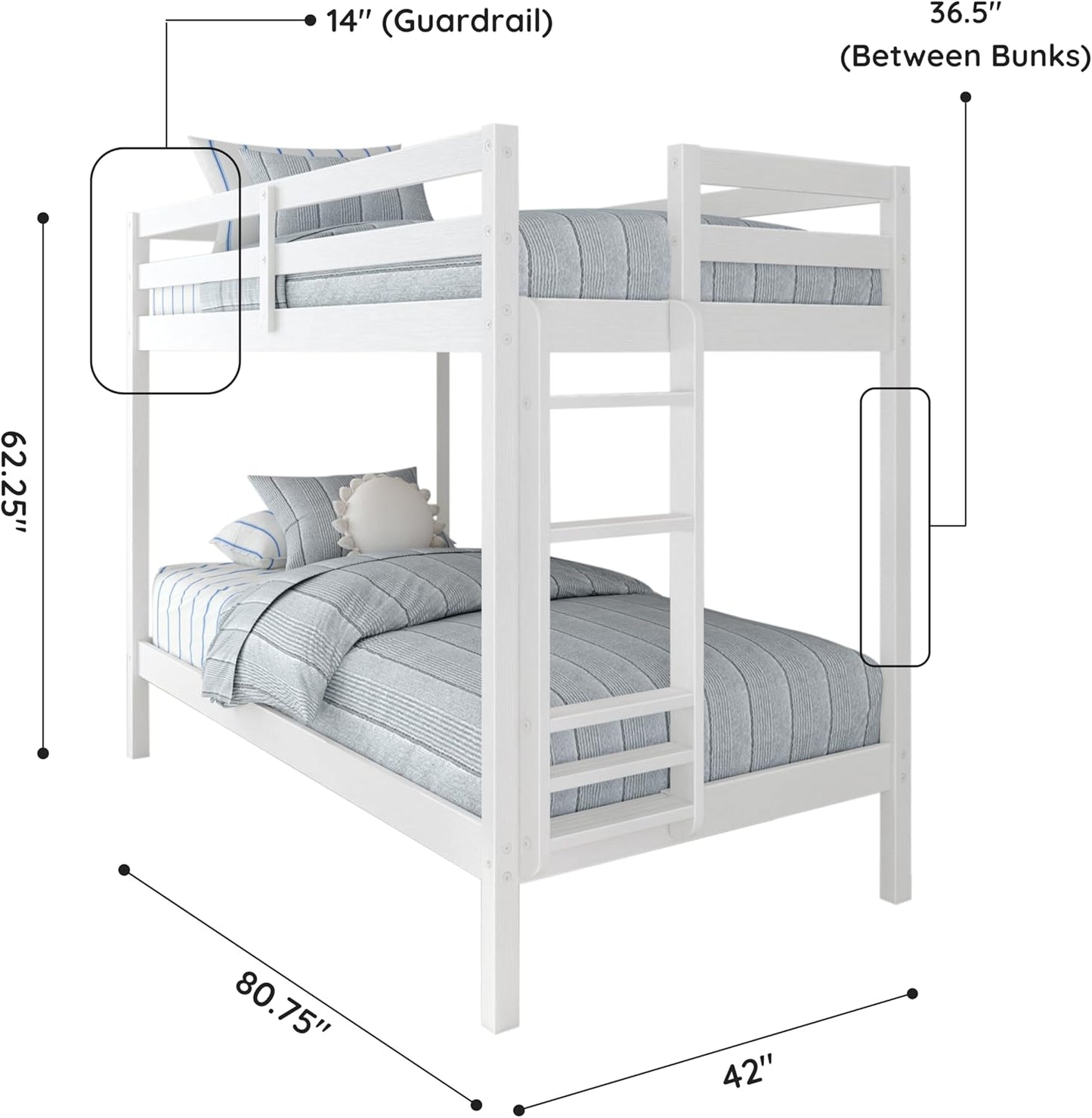 Grain & Grove Bear Twin Over Twin Bunk Bed, Sturdy Bunk Bed Frame for Kids, Plywood Bunk with Ladder, Guardrail, and Slats, No Box Spring Required, Brushed White