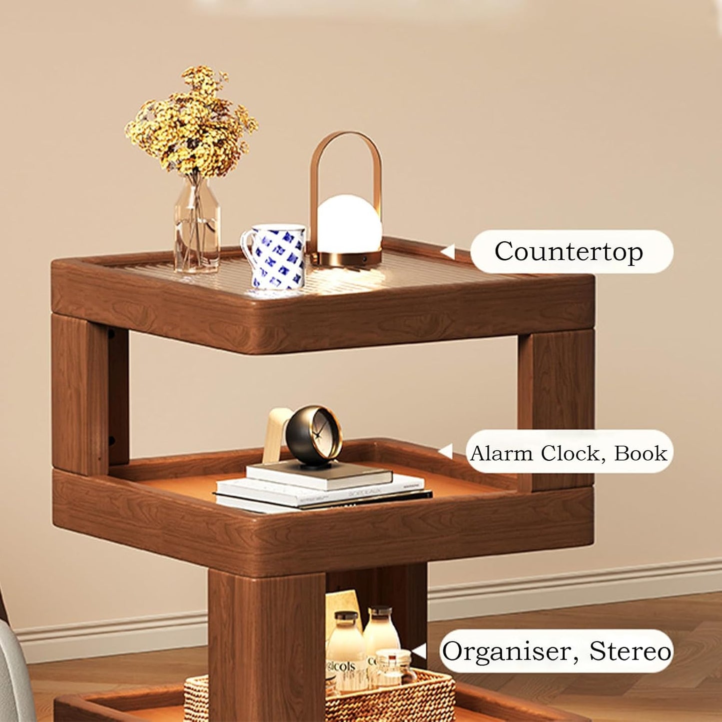 Solid Wood Nightstand,End Tables Bedroom Small Shelf Modern Nightstand Wood Side Table (GLASS-21.3 * 13.8 * 13.8)