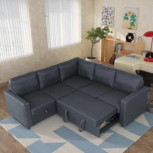 Sleeper Sofa Bed, Modular Sectional Couch with Pull Out Bed, L Shaped Sectional Convertible SofaBed with Storage Seat, for Living Room Apartment Bedroom Office Dark Gray Linen