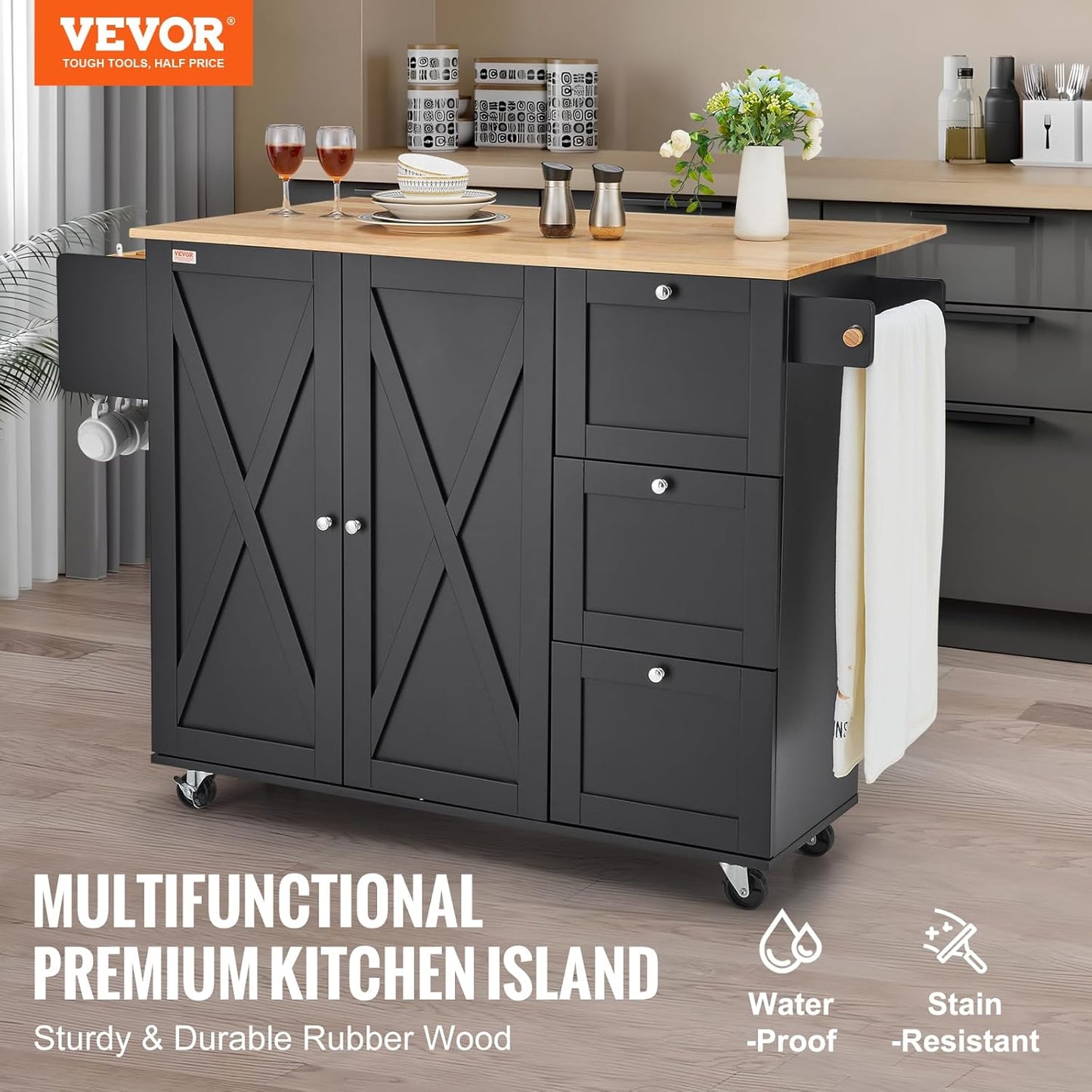 VEVOR Kitchen Island Cart, Rolling Table with Drop Leaf, Spice Rack, Towel Bar, Adjustable Shelf, Drawer, and Hooks, Mobile Island on Wheels, Mobile Carts with Storage Cabinet, 45.3" Wood Top, Black