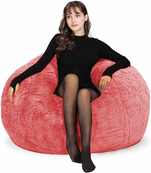 Bean Bag Chair for Adults Kids Without Filling Comfy Fluffy Round Beanbag Couch Lazy Sofa Cover for Reading Chair Floor Chair, 3.5FT, Rose Red