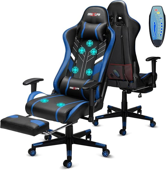 Douxlife Video Gaming Chair with Footrest Lumbar Support, High Back Recliner Height Adjustable Ergonomic Comfy Leather Computer Desk Chair for Home Office Blue