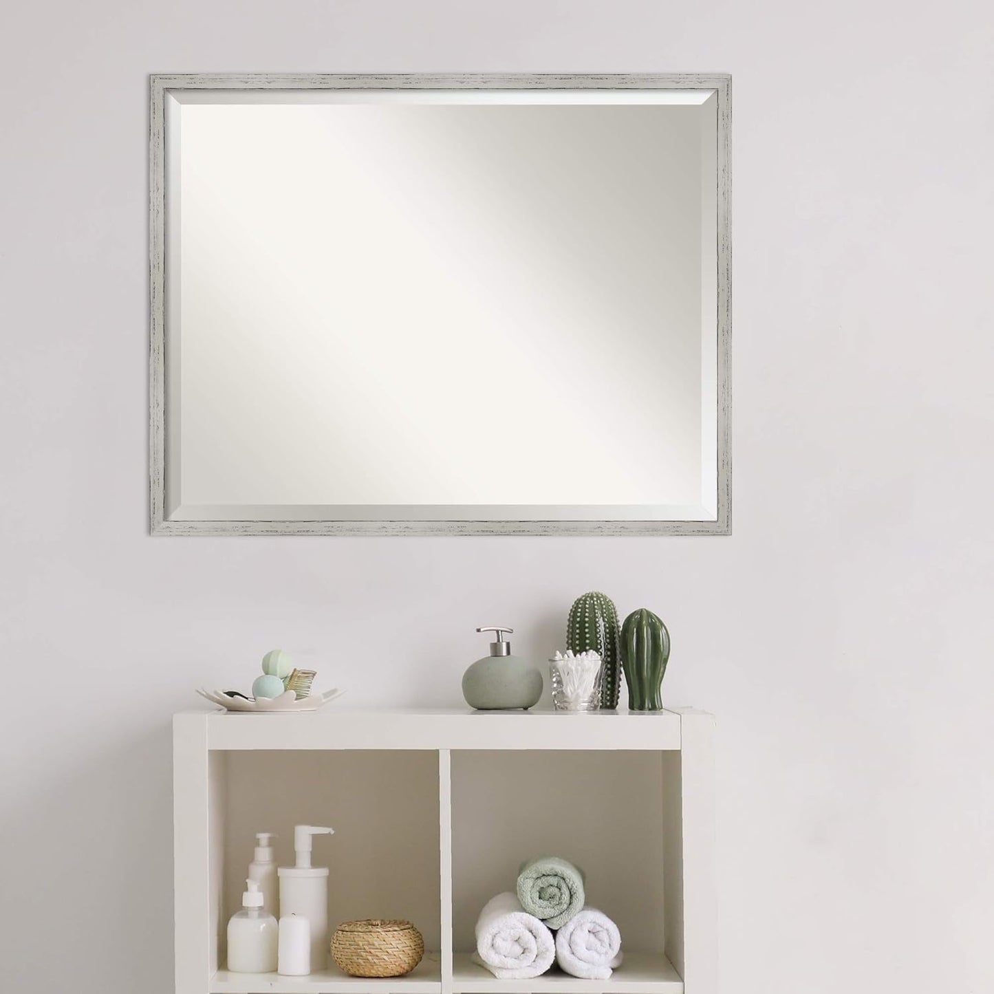 Amanti Art White Bathroom Mirror for Over Sink, 23x29 Shiplap White Narrow Rectangle Vanity Mirror, Large Coastal Wood Frame, Hangs Horizonally and Vertically, Bathroom Wall Decor, Beveled Edge