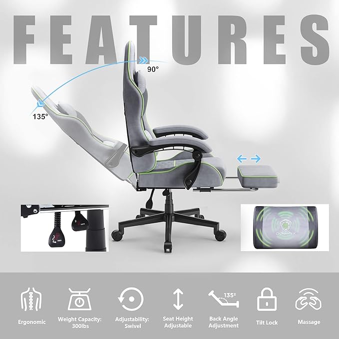 Dowinx Gaming Chair with Pocket Spring Cushion, Computer Office Game Chair, Linkage Armrests and Footrest, High Back Ergonomic Computer Chair with Lumbar Support Task Chair with Footrest(Grey Green)